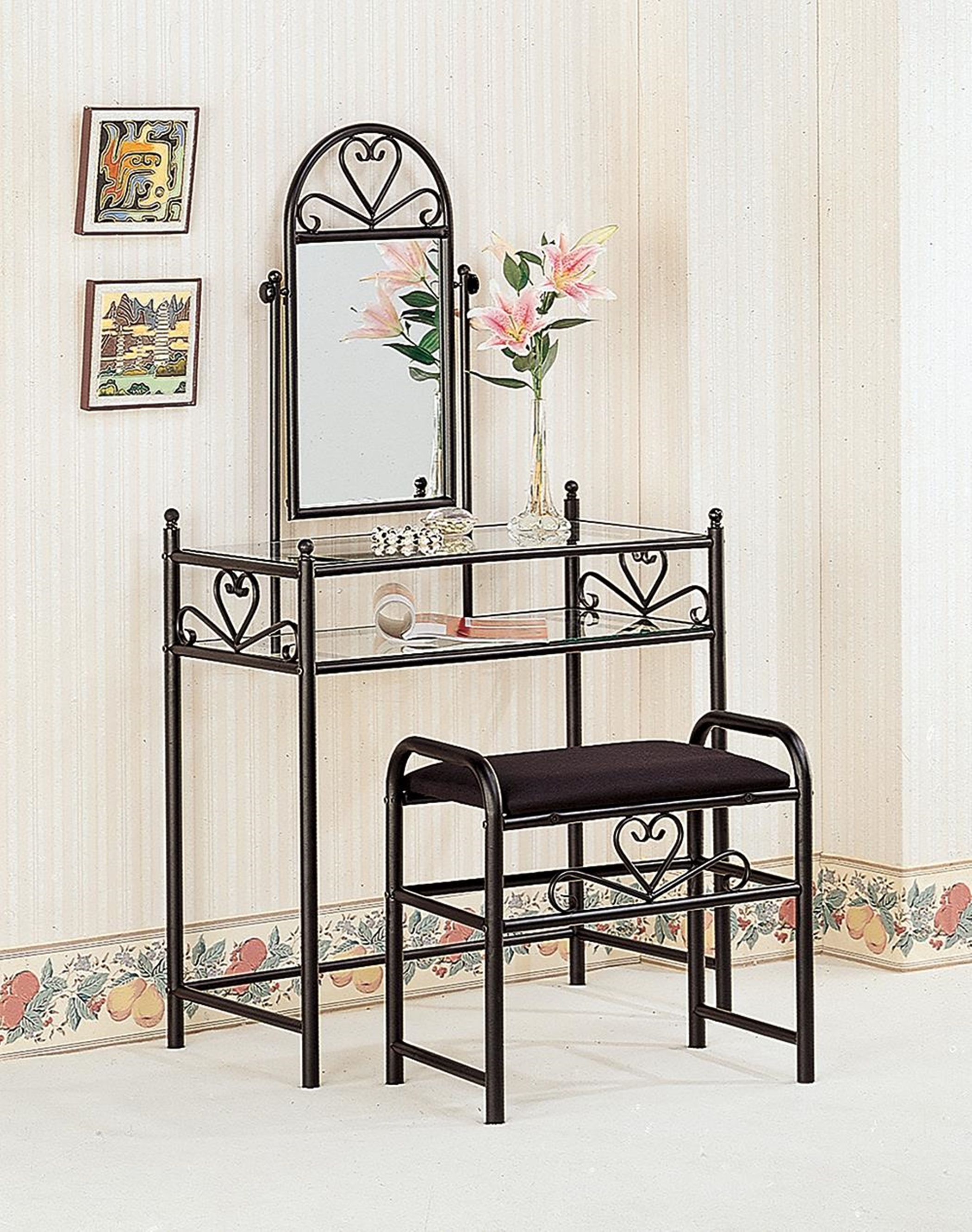 Black Vanity With Glass Top and Fabric Stool