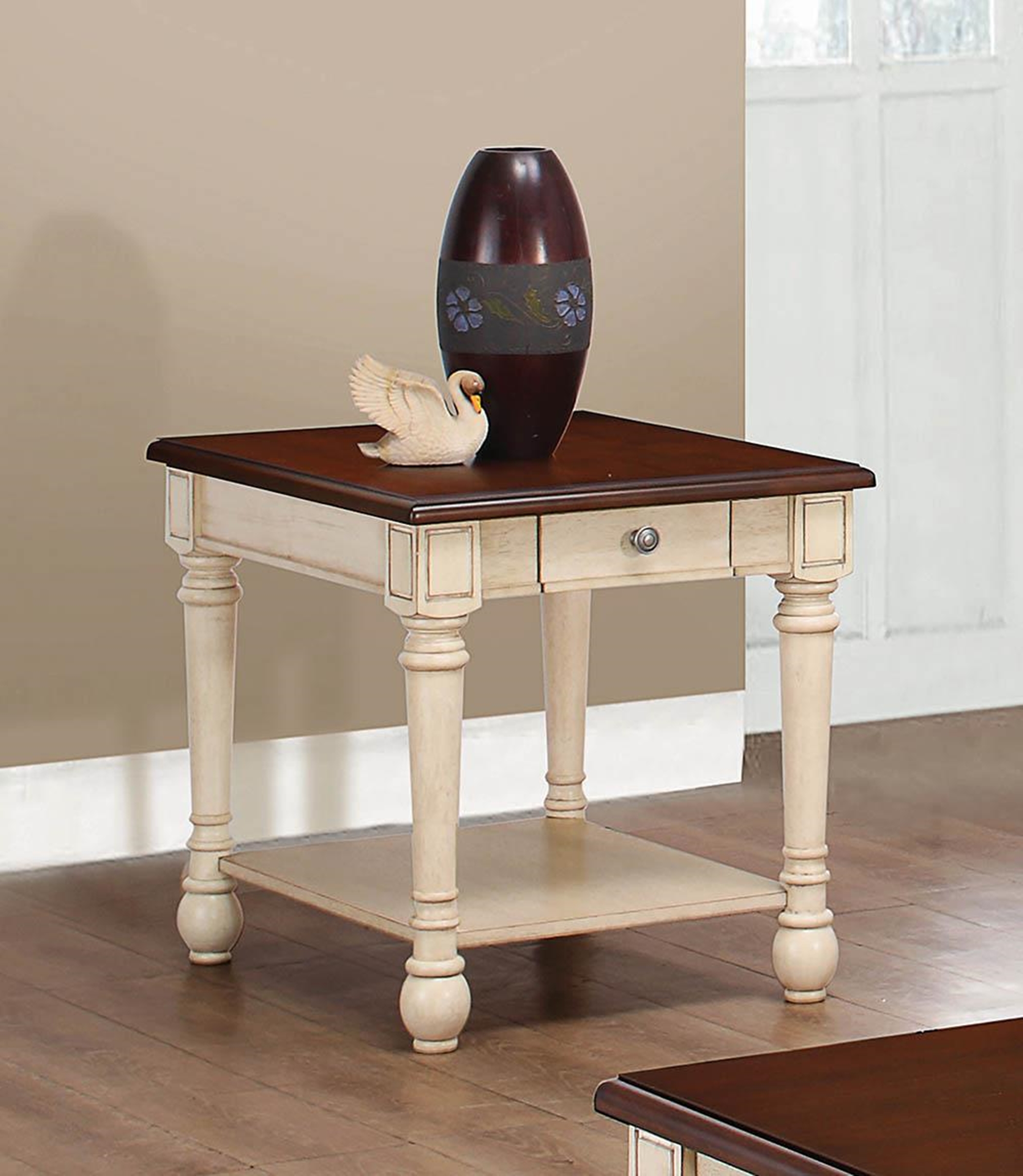 Transitional Dark Brown/Antique White End Table - Click Image to Close