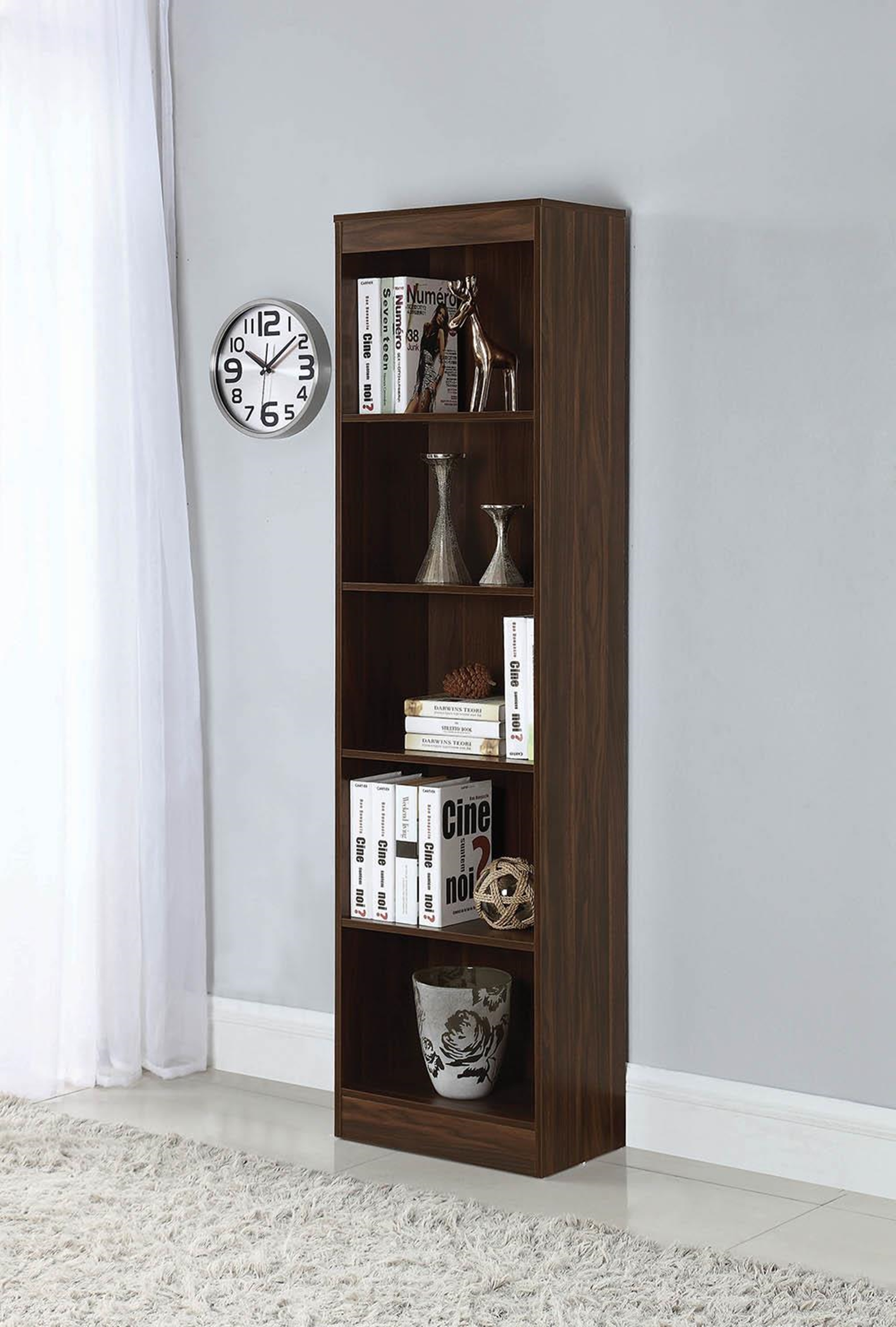 Transitional Dark Walnut Five-Shelf Narrow Bookcase