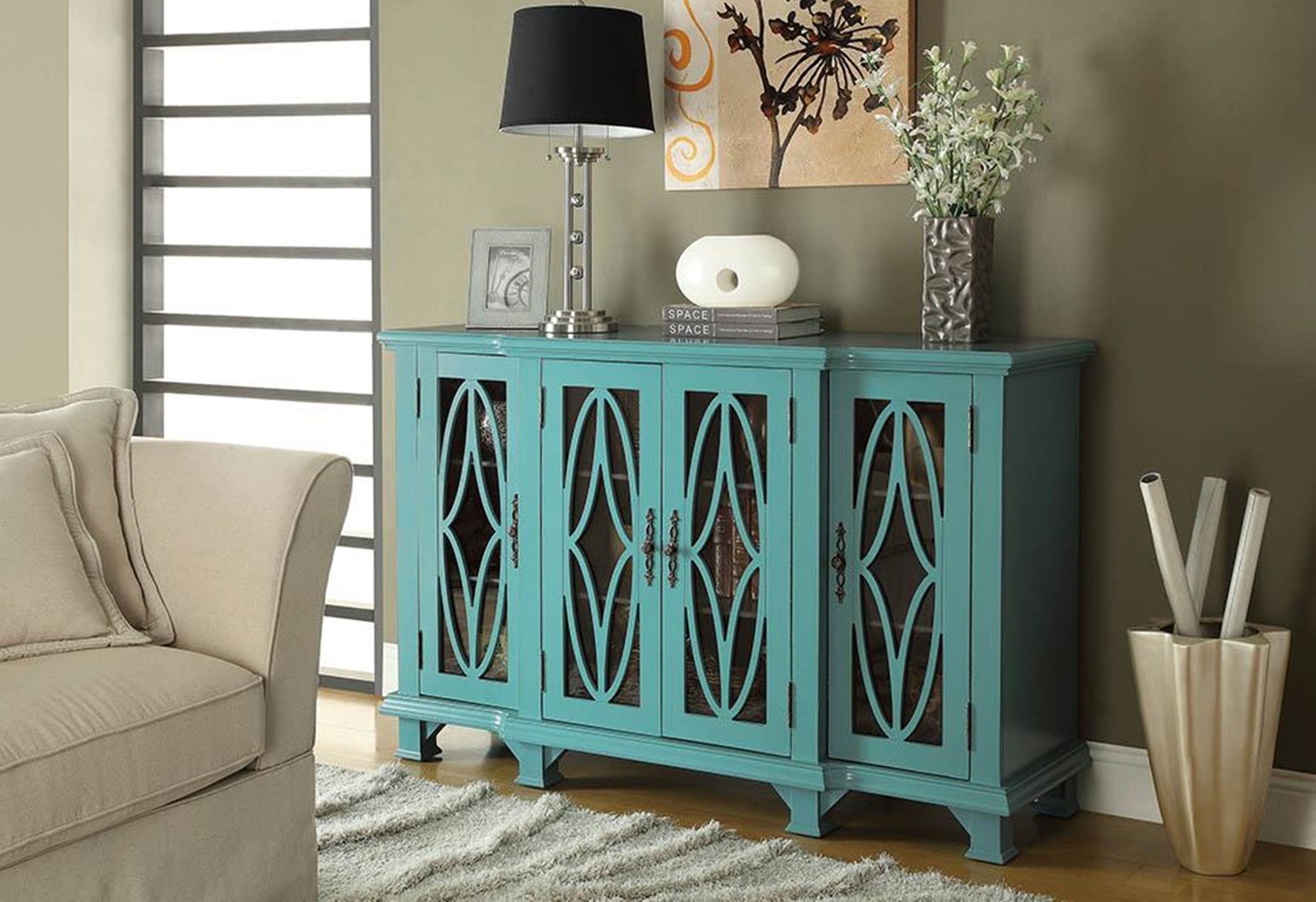 Transitional Teal Blue Accent Cabinet