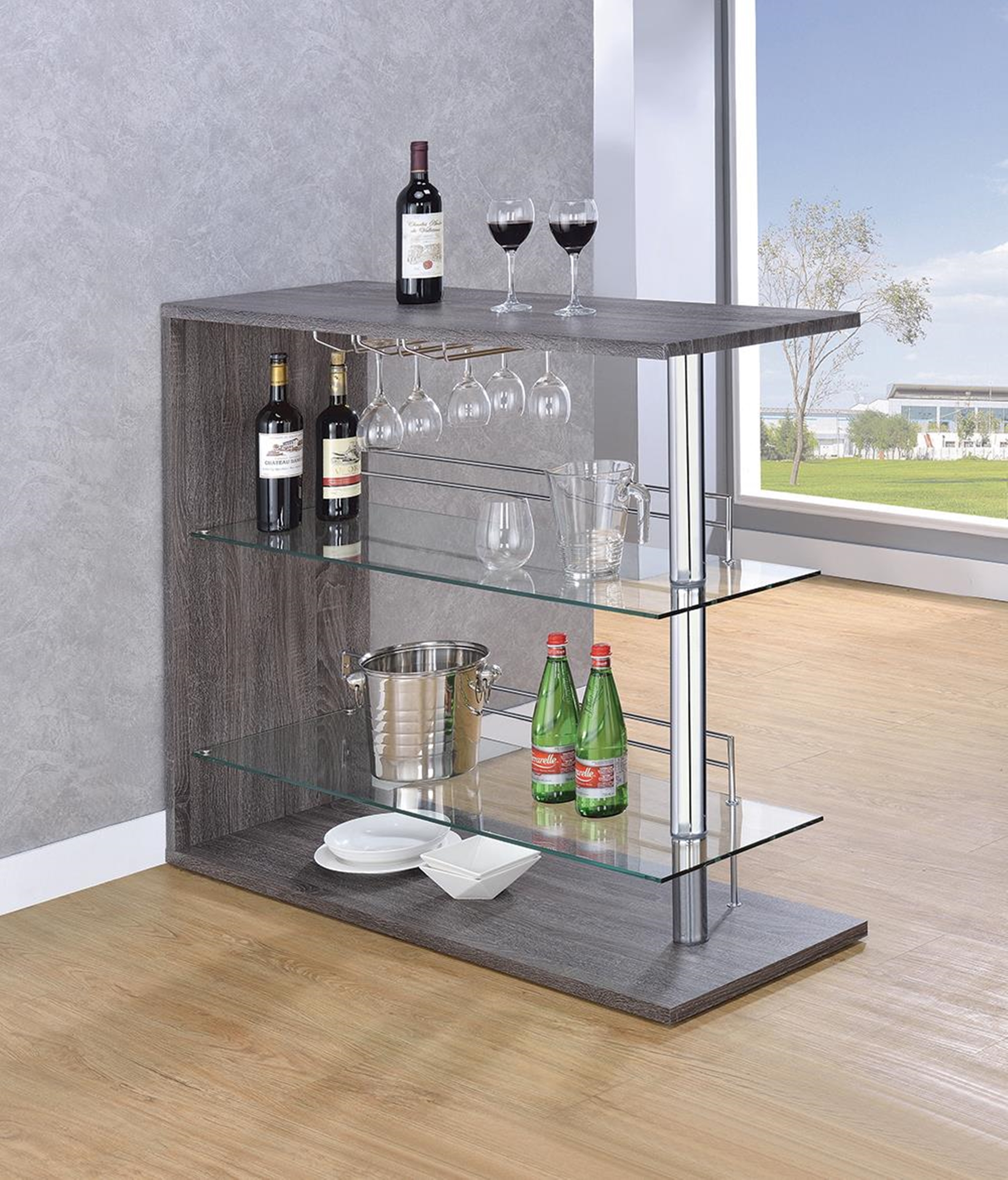 Two-Shelf Contemporary Weathered Grey Bar Table - Click Image to Close