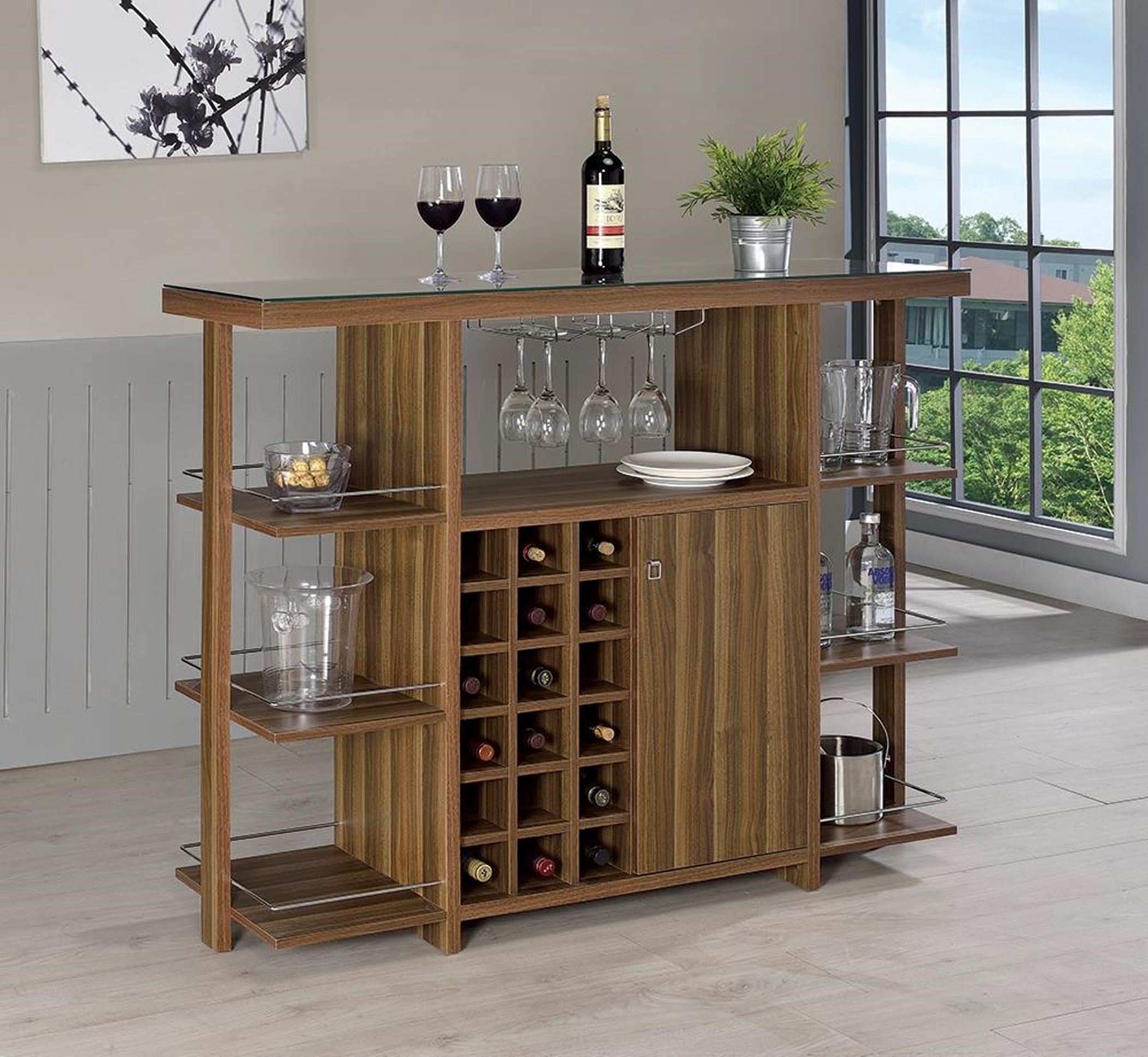 Modern Walnut Bar Unit With Wine Bottle Storage - Click Image to Close