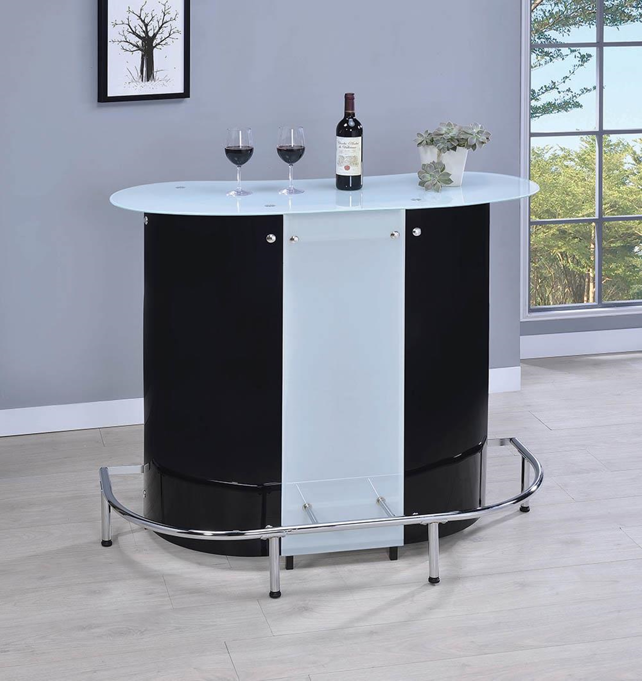 Contemporary Black and Chrome Bar Unit with Frosted Glass Top - Click Image to Close