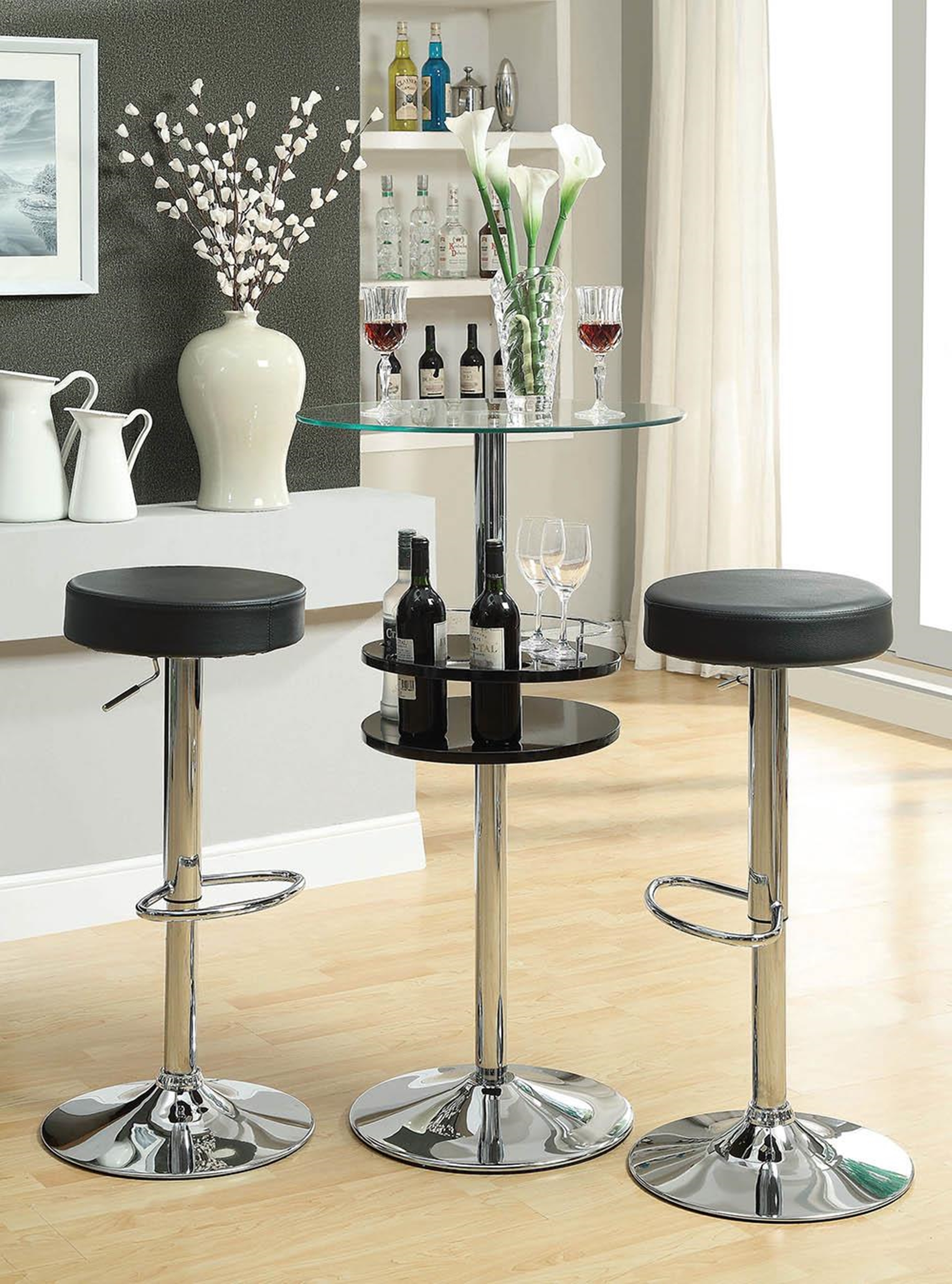 Black Faux Leather Adjustable Bar Stool - Click Image to Close