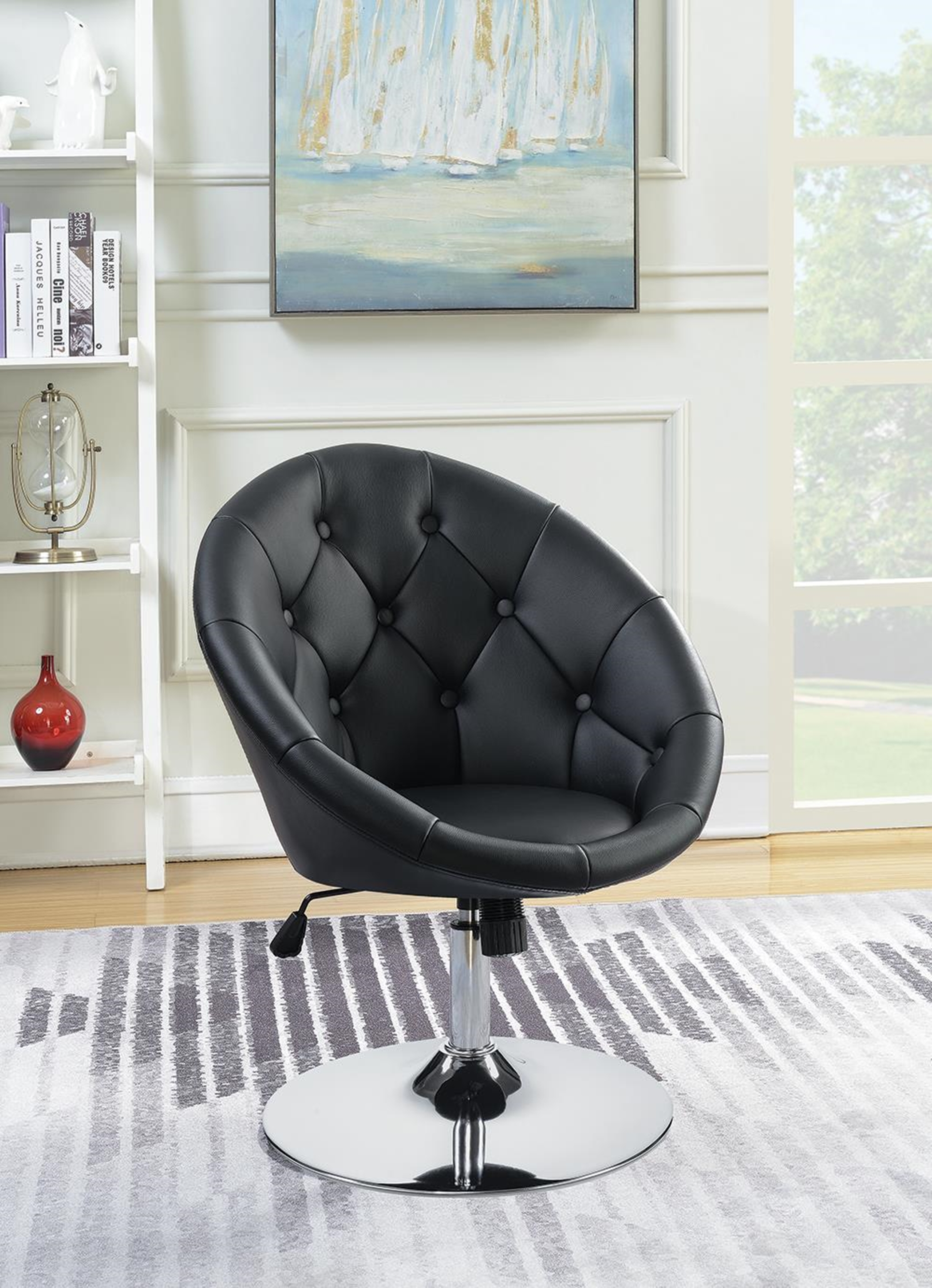 Contemporary Black Faux Leather Swivel Accent Chair - Click Image to Close