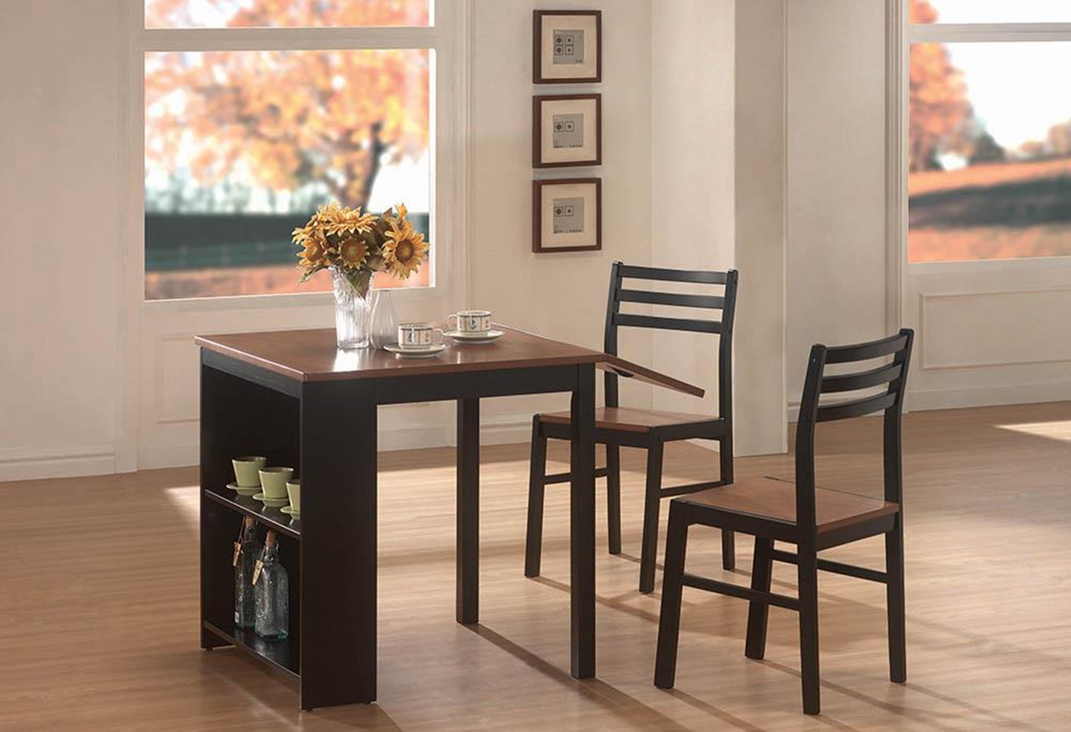Casual Black and Chestnut Three-Piece Dining Set - Click Image to Close