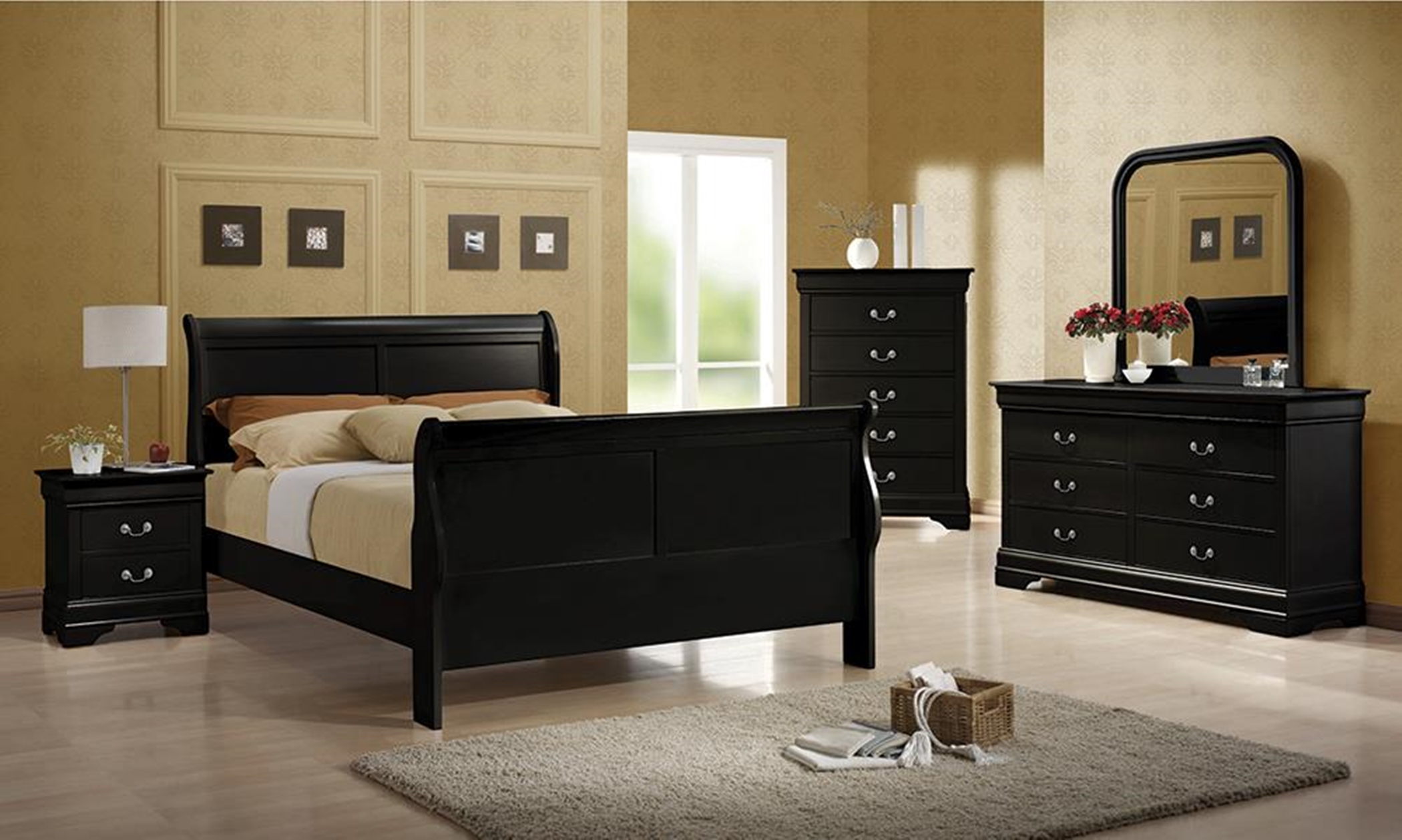 Louis Philippe Traditional Black Sleigh Full Bed - Click Image to Close