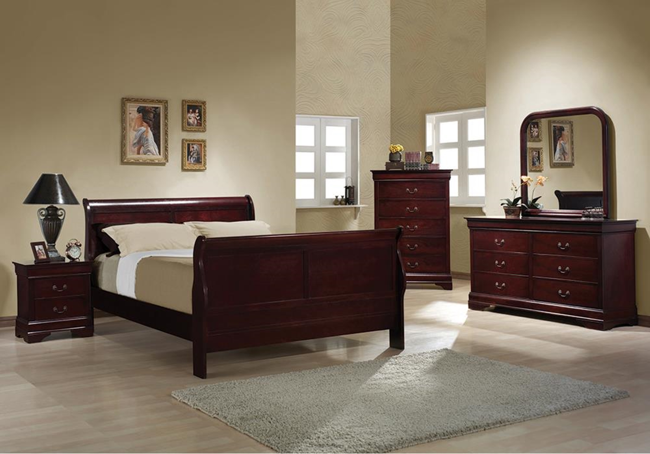 Louis Philippe Traditional Red Brown Sleigh Full Bed - Click Image to Close