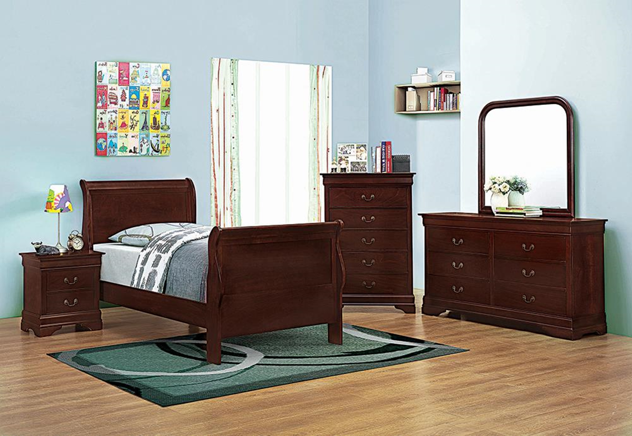 Louis Philippe Traditional Red Brown Sleigh Twin Bed - Click Image to Close