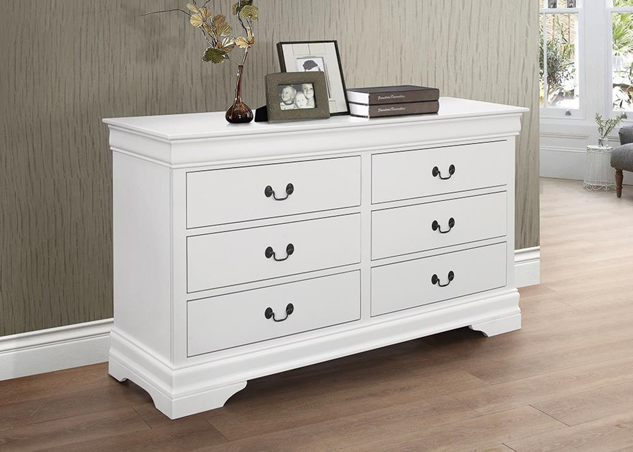 Louis Philippe White Six-Drawer Dresser - Click Image to Close