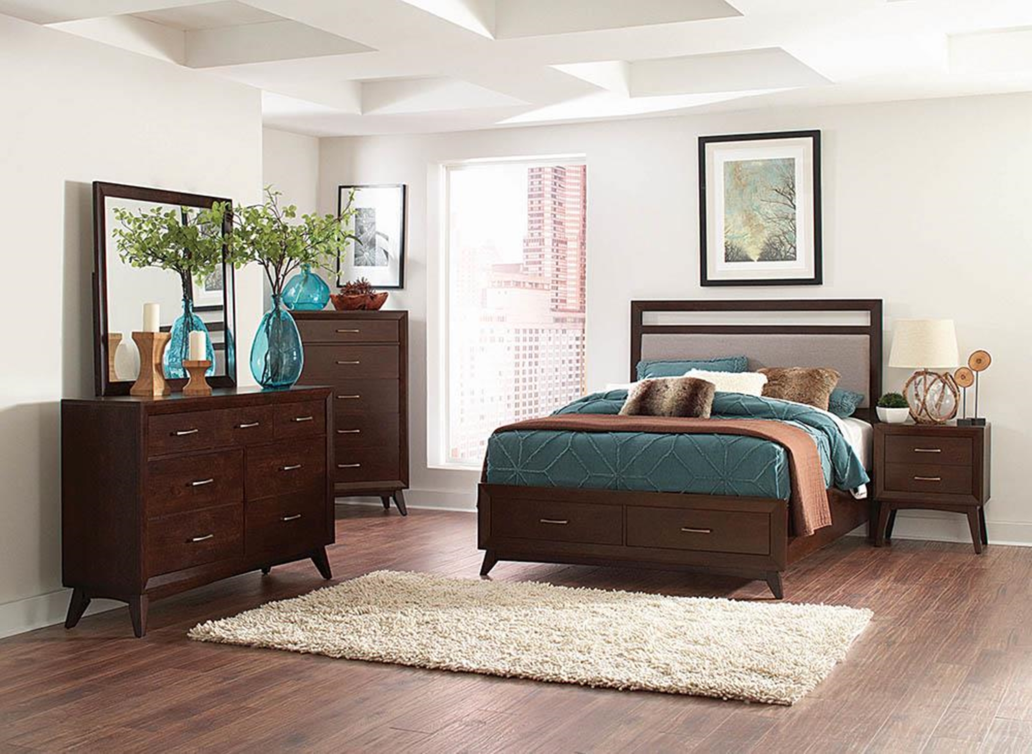 Carrington Mid-Century Modern Coffee Queen Bed - Click Image to Close
