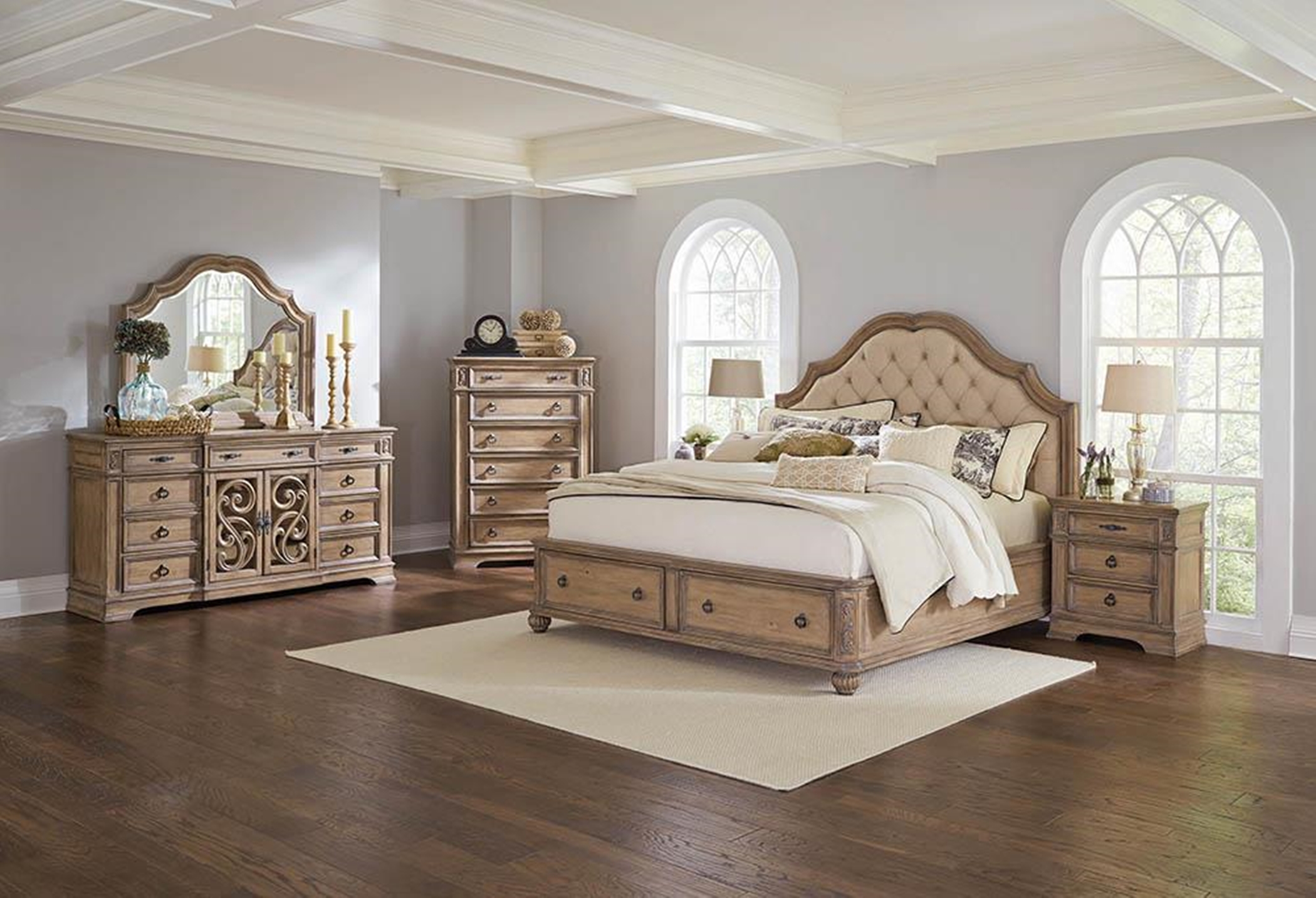 Ilana Traditional Antique Linen Queen Bed - Click Image to Close