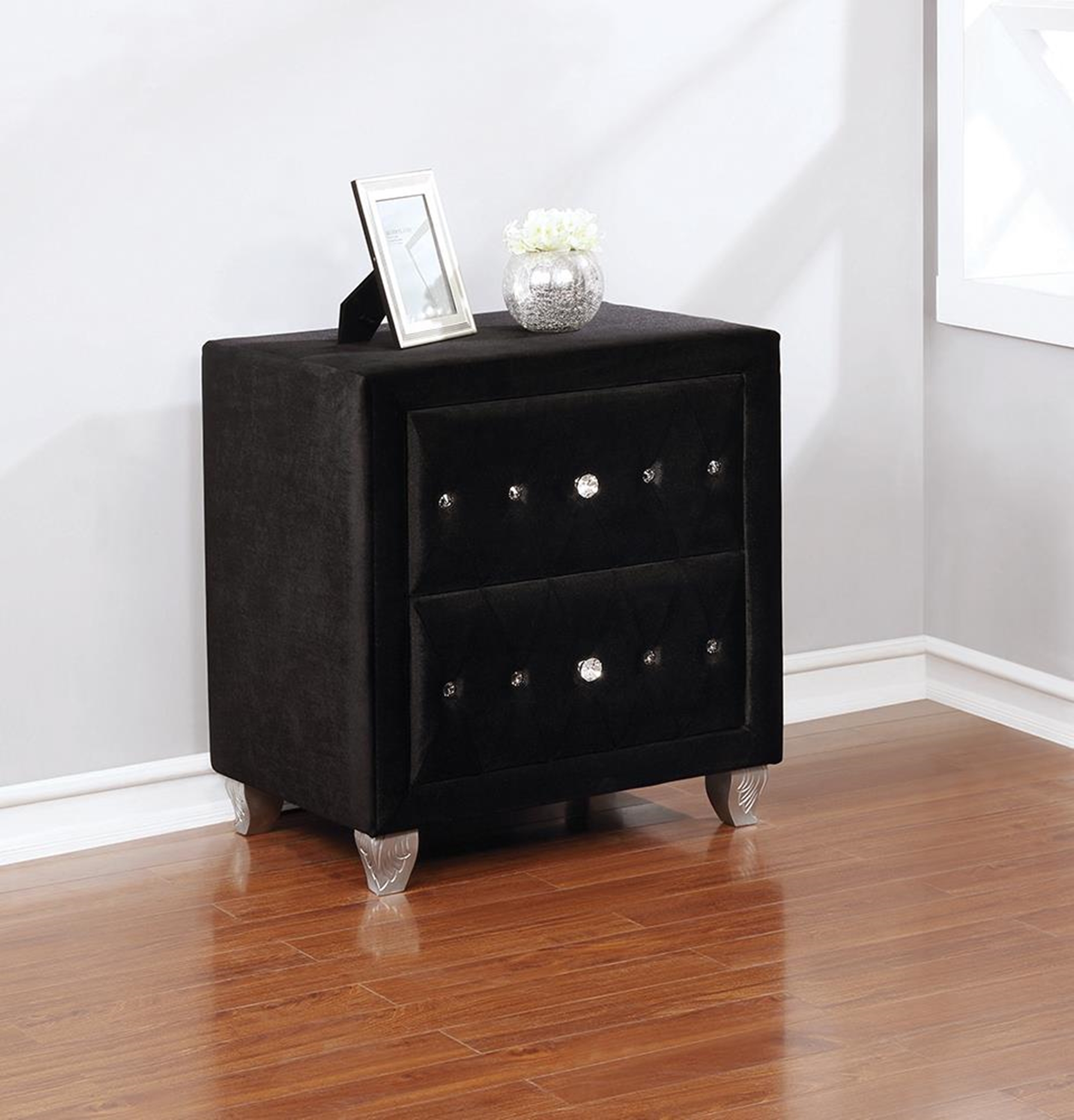 Deanna Contemporary Black and Metallic Nightstand - Click Image to Close