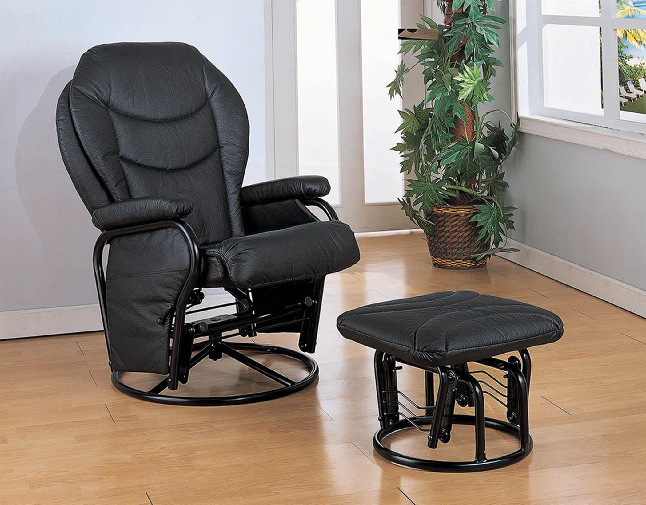 Upholstered Casual Black Swivel Glider and Ottoman - Click Image to Close