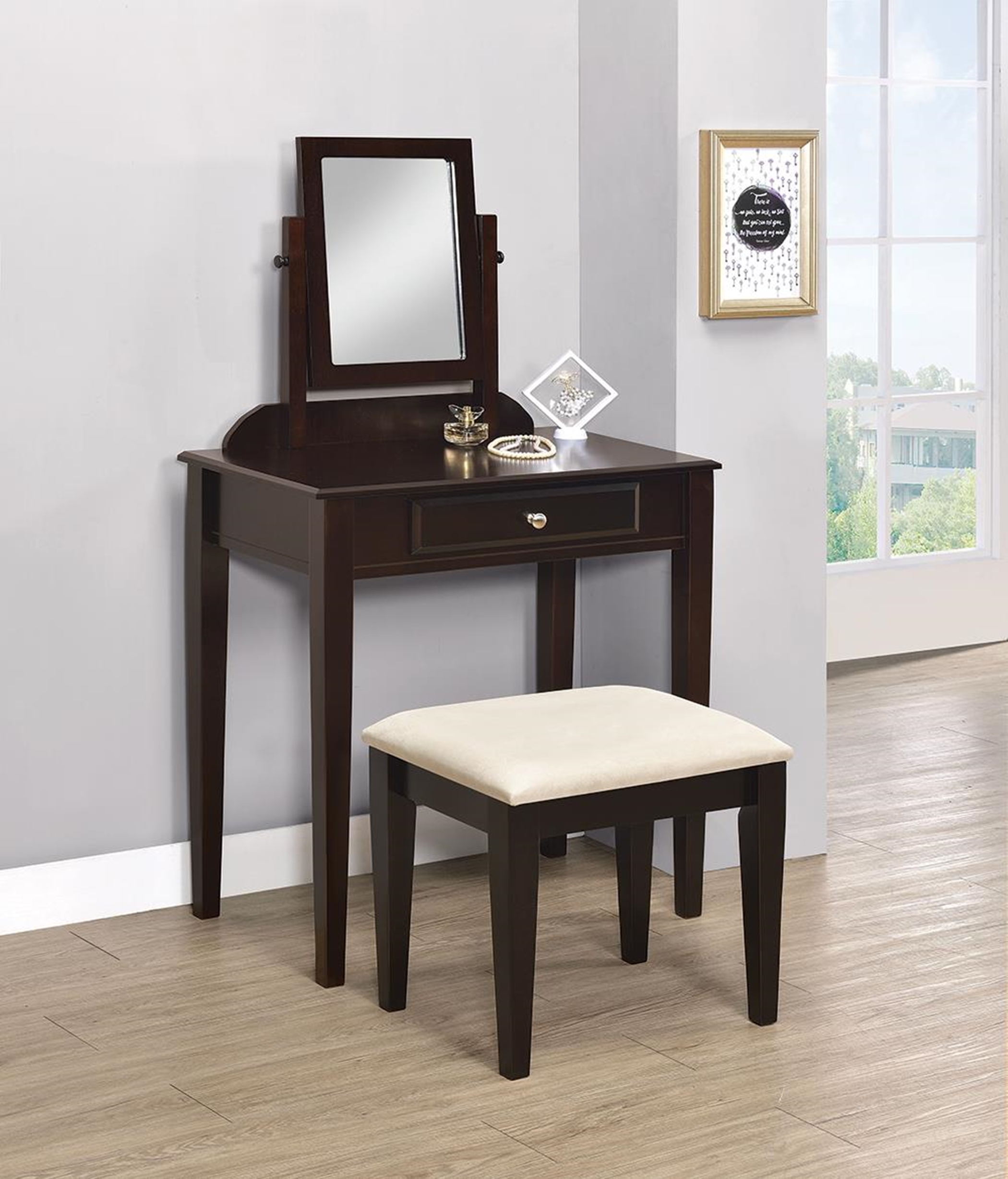 Transitional Espresso Vanity and Stool - Click Image to Close