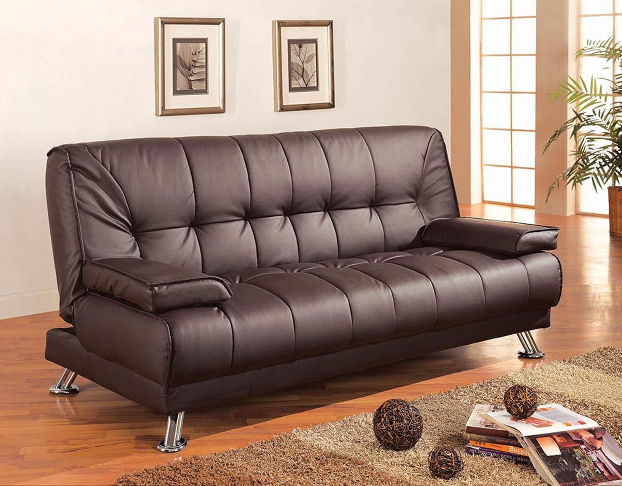Casual Brown and Chrome Sofa Bed - Click Image to Close