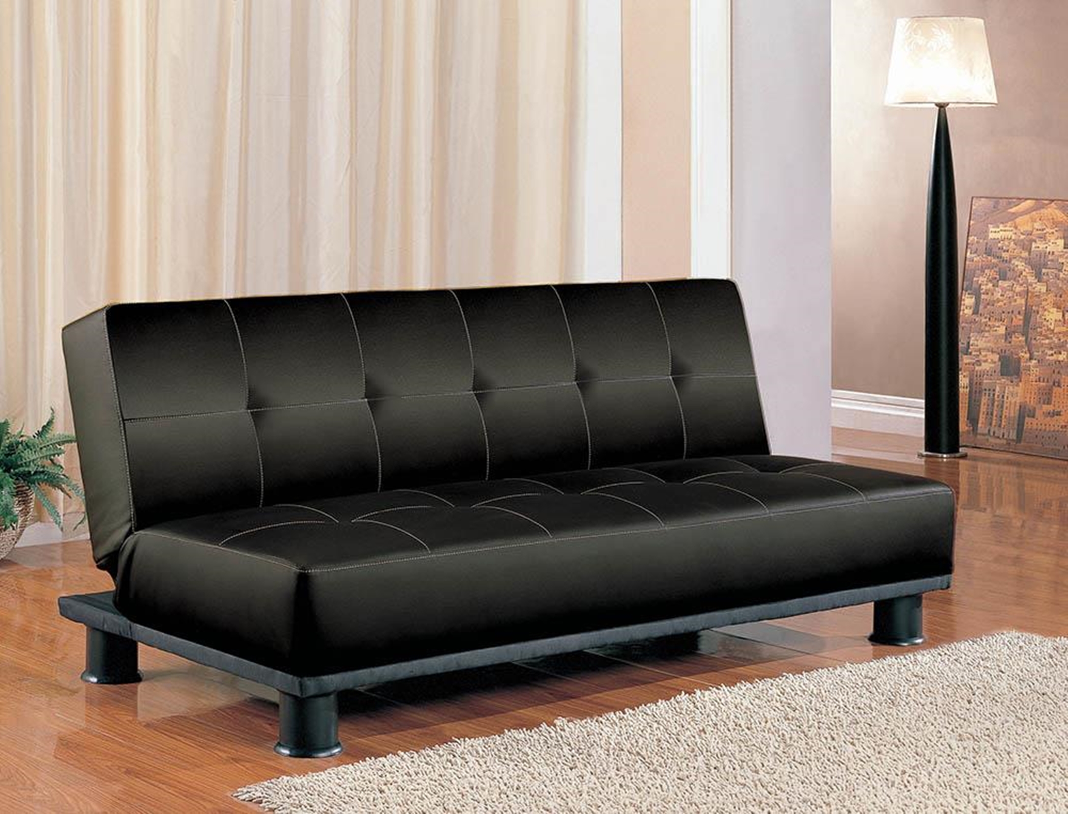 Contemporary Black Faux Leather Sofa Bed - Click Image to Close