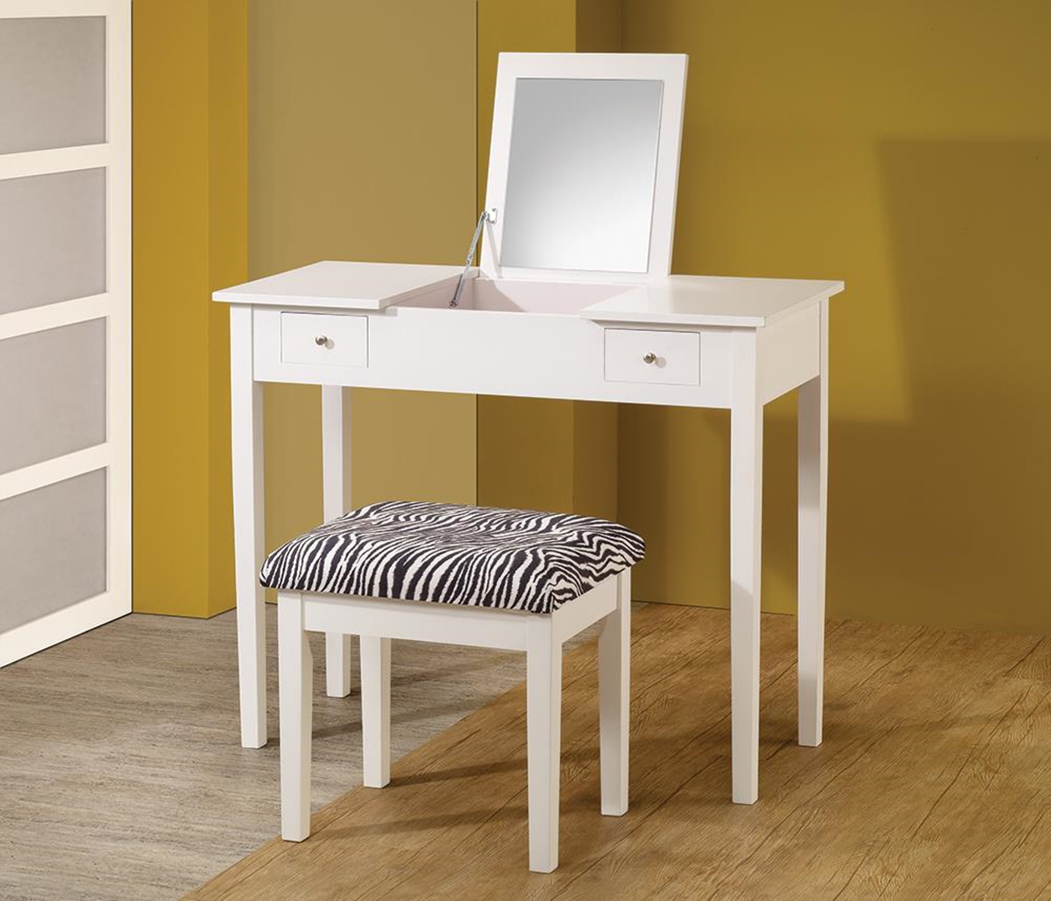 Casual White Vanity and Upholstered Stool - Click Image to Close