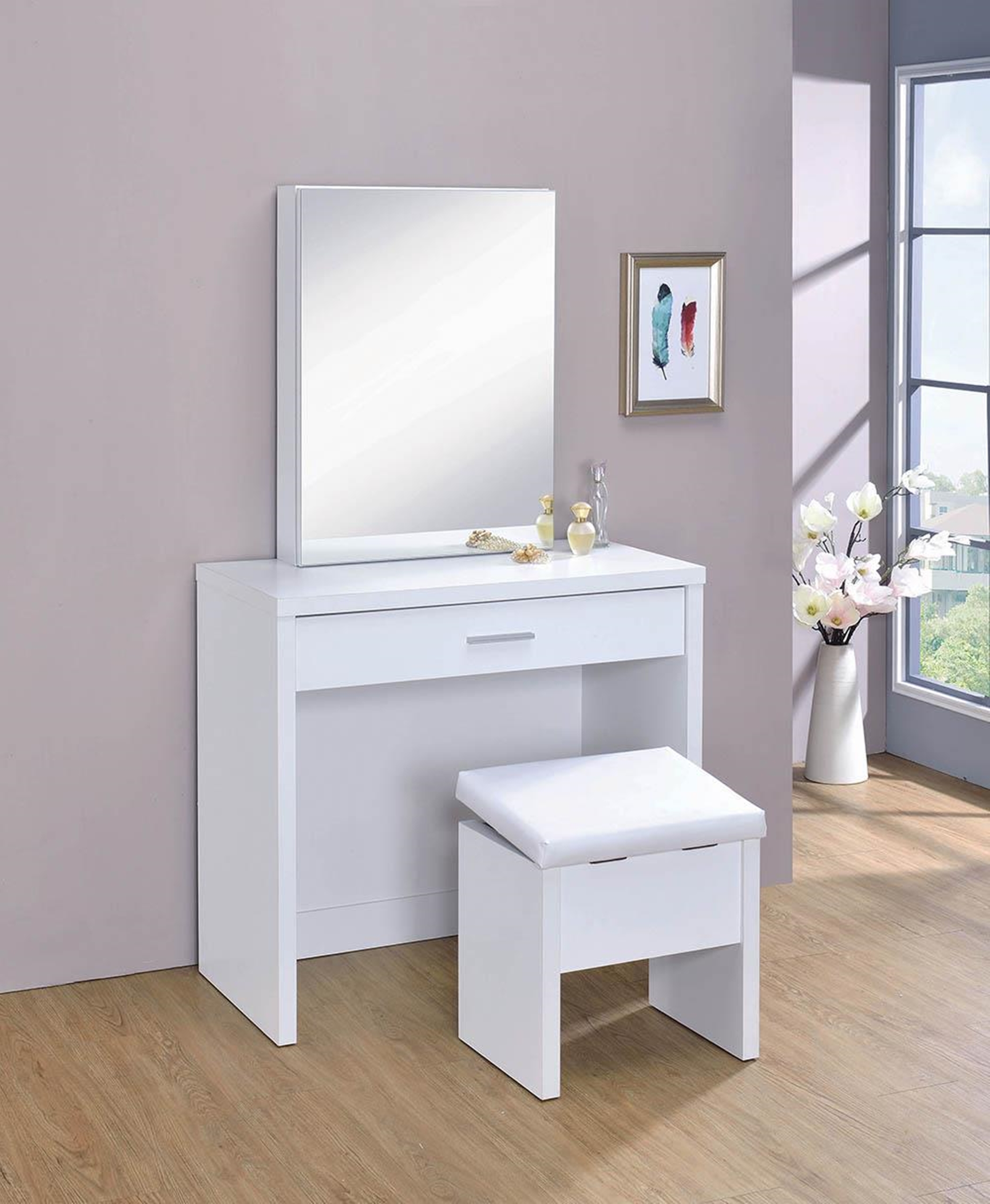 White Vanity and Upholstered Stool Set - Click Image to Close