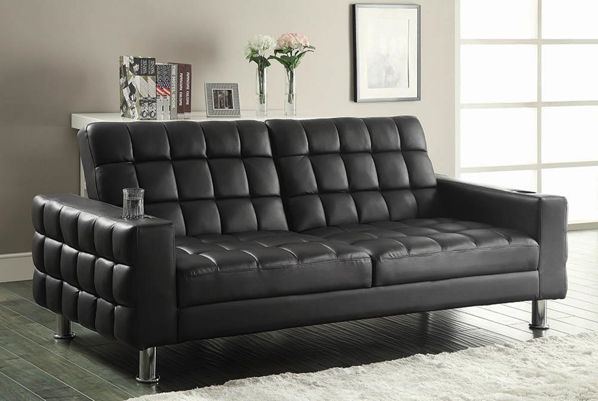Brown Faux Leather Sofa Bed - Click Image to Close