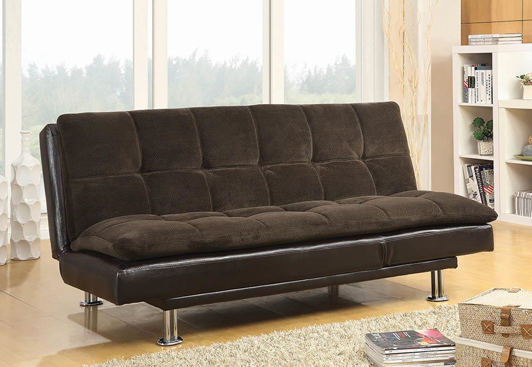 Overstuffed Brown and Chrome Sofa Bed - Click Image to Close
