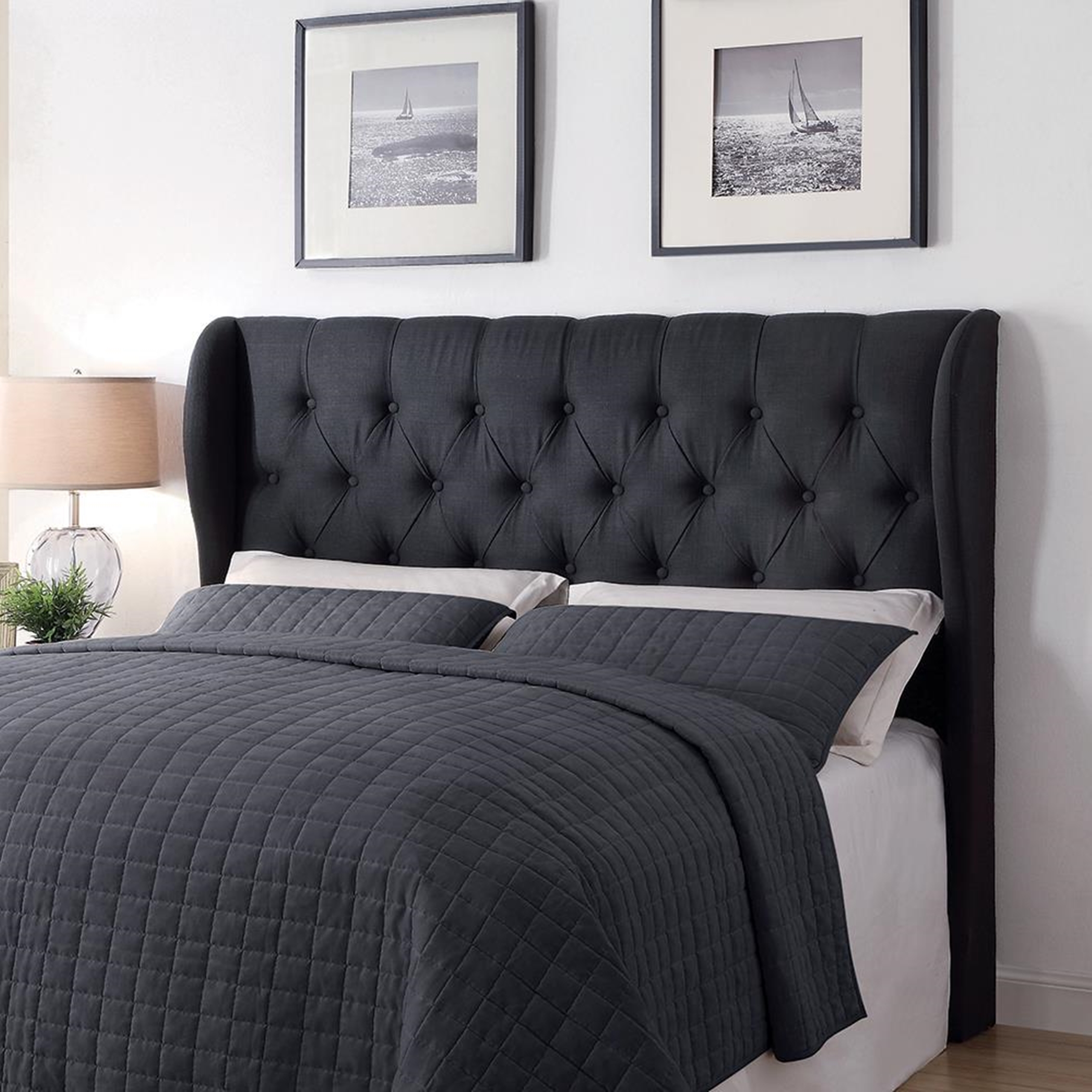 Murietta Charcoal Upholstered Queen Headboard - Click Image to Close