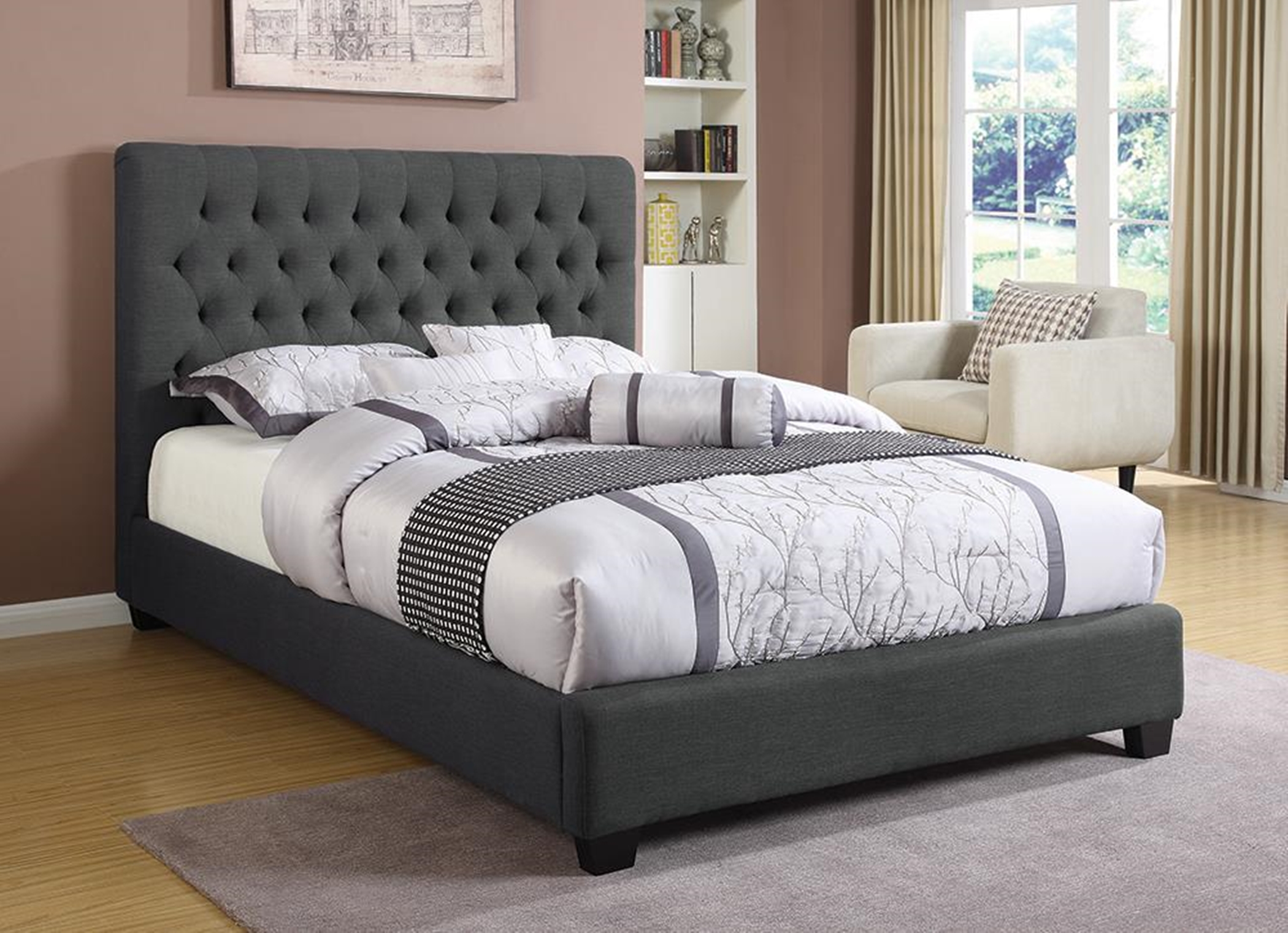Chloe Charcoal Upholstered Cal. King Bed - Click Image to Close