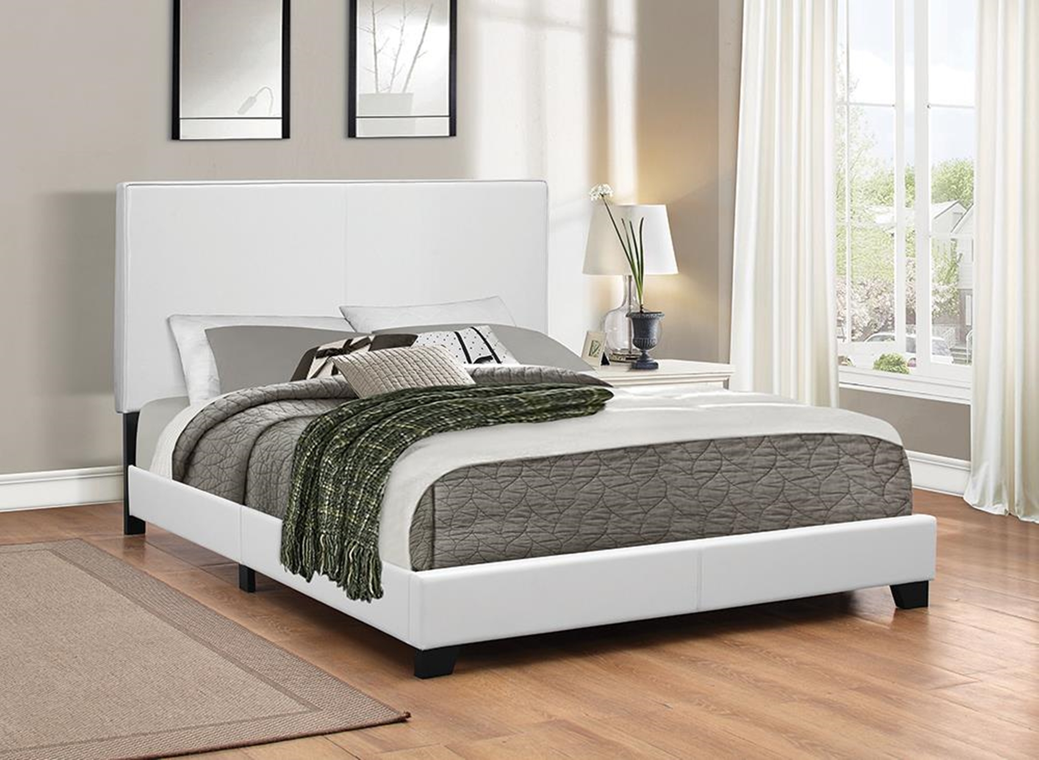 Mauve Upholstered Platform White Queen Bed - Click Image to Close