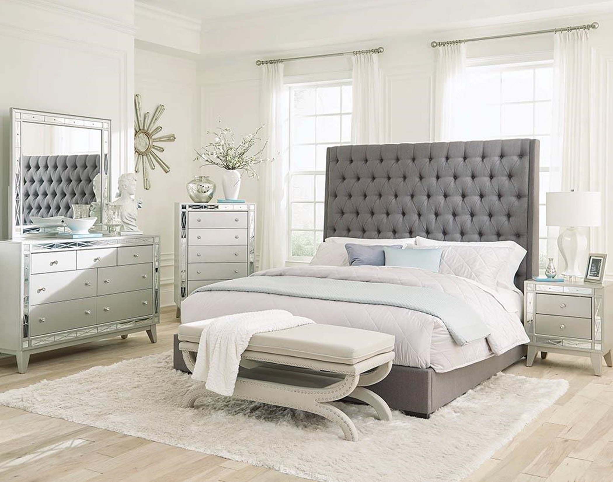 Camille Grey Upholstered Cal. King Bed - Click Image to Close