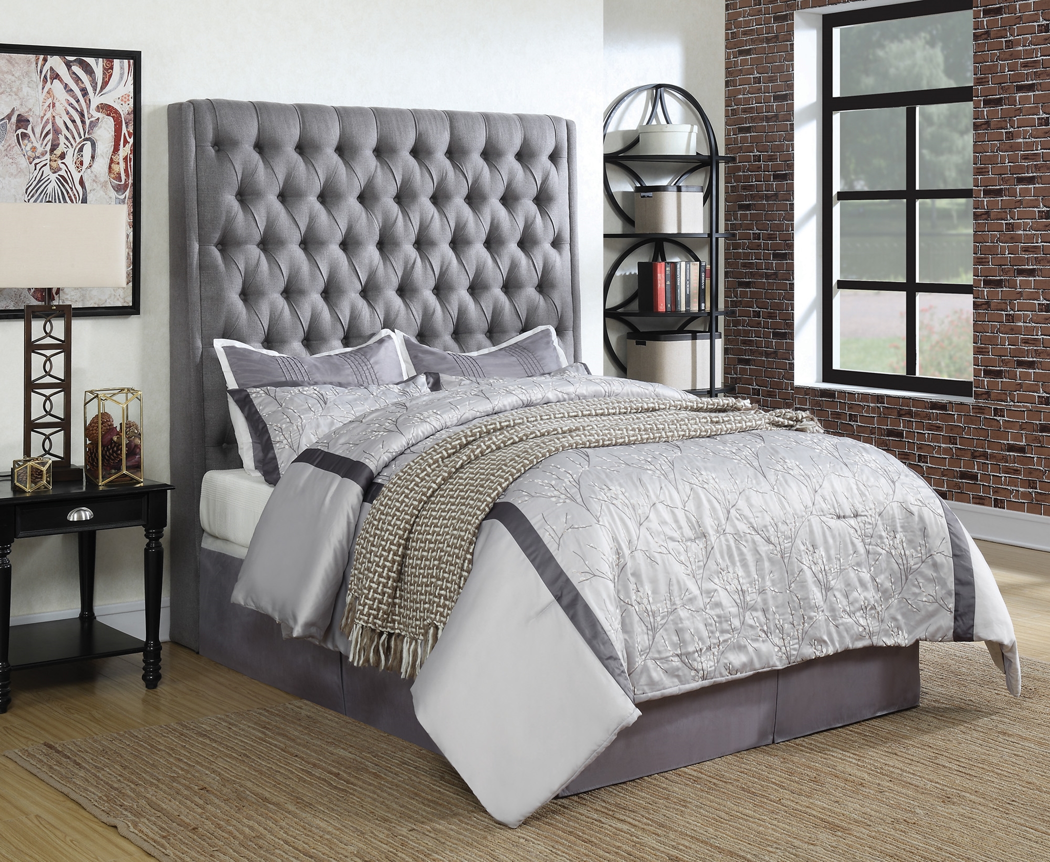 Camille Grey Upholstered Queen Headboard - Click Image to Close
