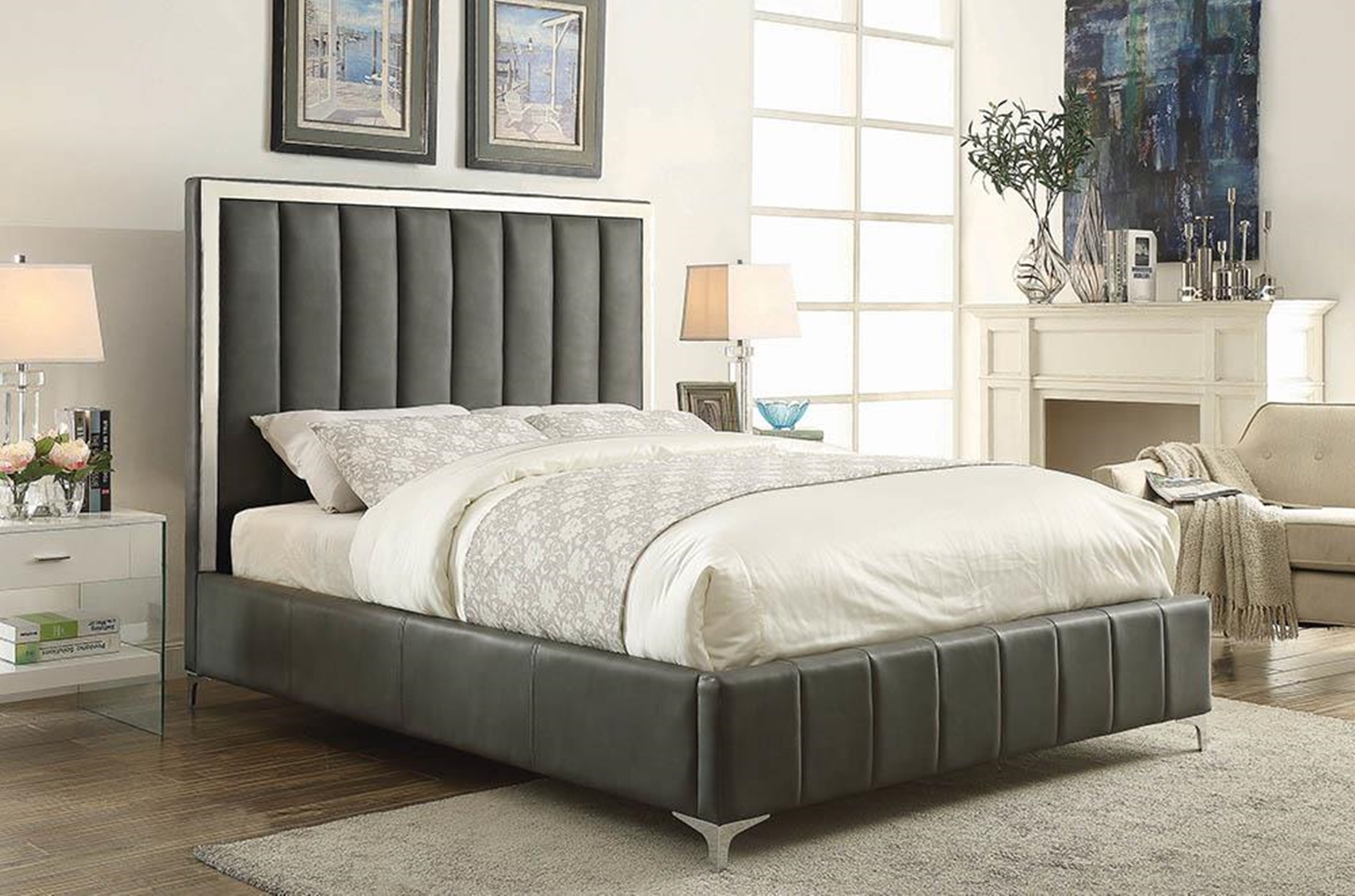 Jared Grey Faux Leather Upholstered Full Bed - Click Image to Close