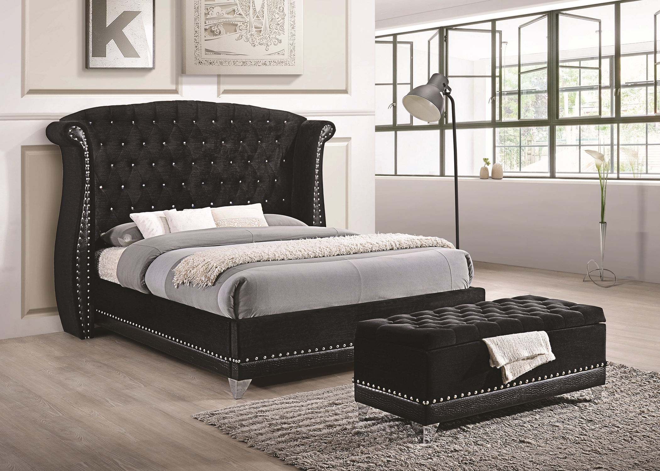 Barzini Black Upholstered Queen 5-Pc. - Click Image to Close