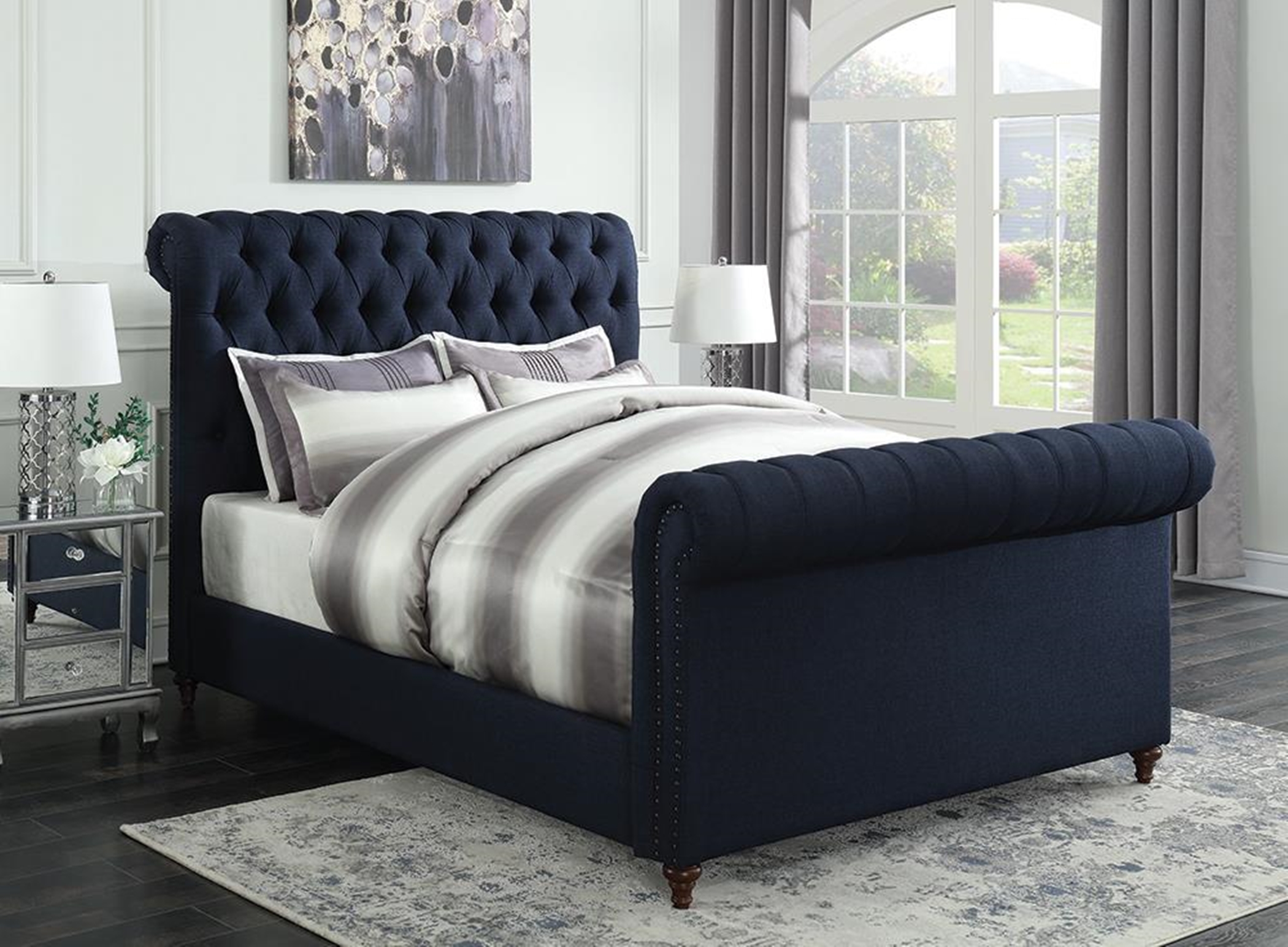 Gresham Navy Blue Upholstered Full Bed - Click Image to Close