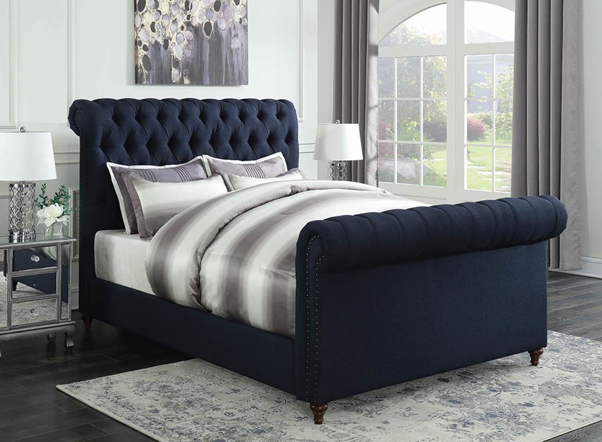 Gresham Navy Blue Upholstered Cal. King Bed - Click Image to Close