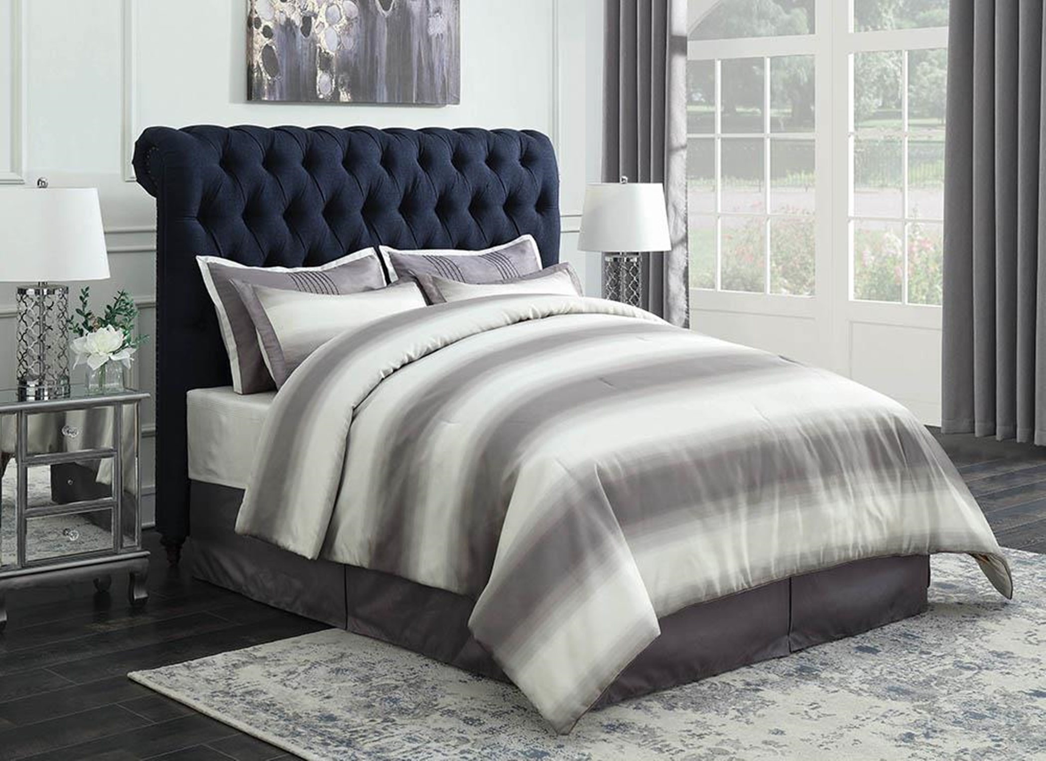 Gresham Navy Blue Upholstered Queen Bed - Click Image to Close