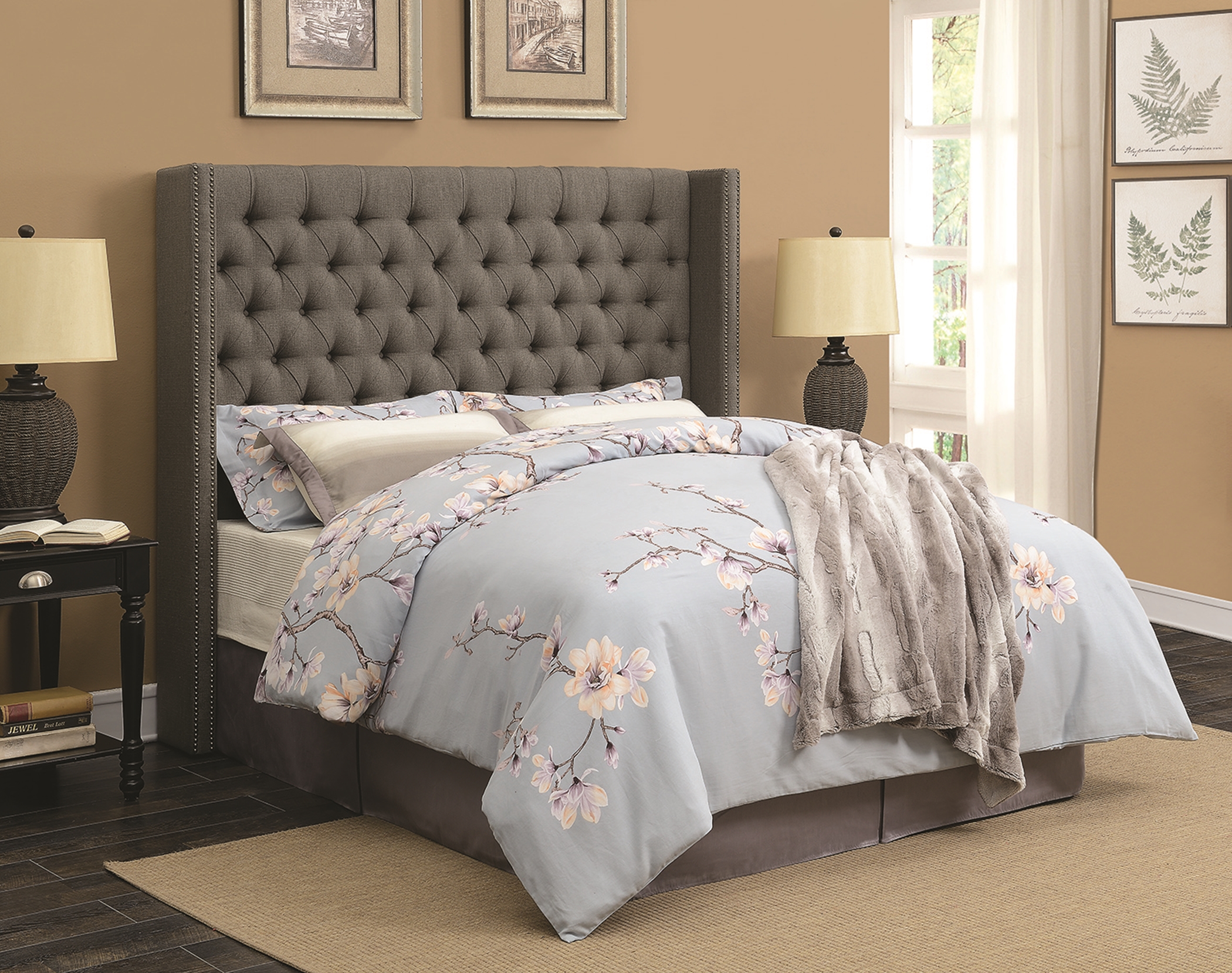 Benicia Grey Upholstered Queen Headboard - Click Image to Close