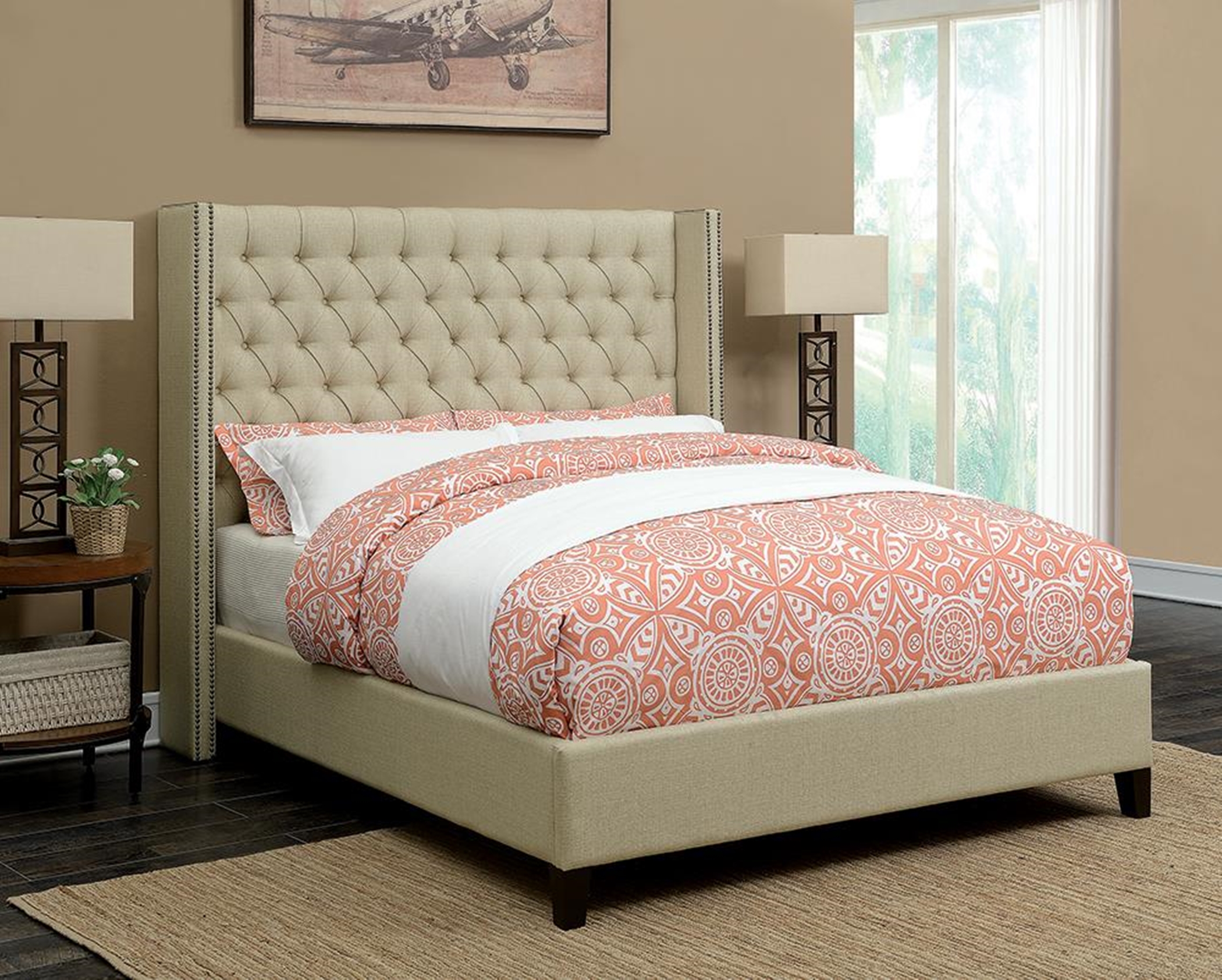 Benicia Beige Upholstered Full Bed - Click Image to Close
