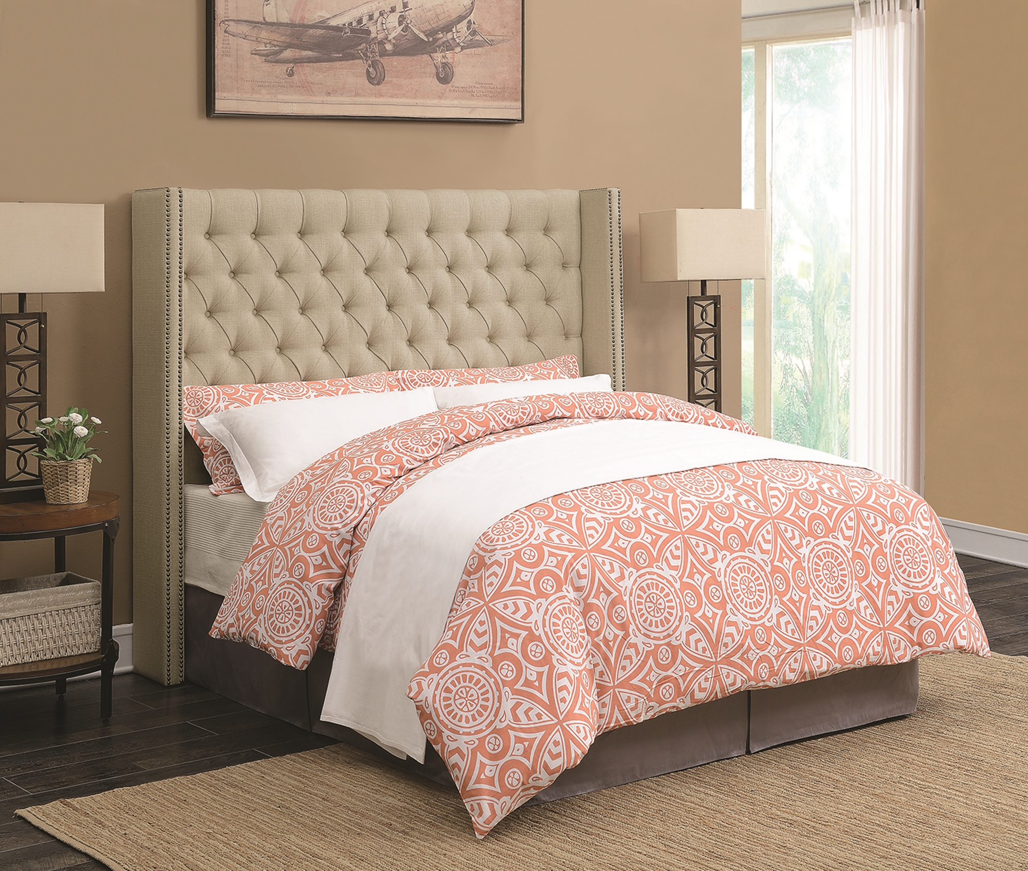 Benicia Beige Upholstered Queen Headboard - Click Image to Close