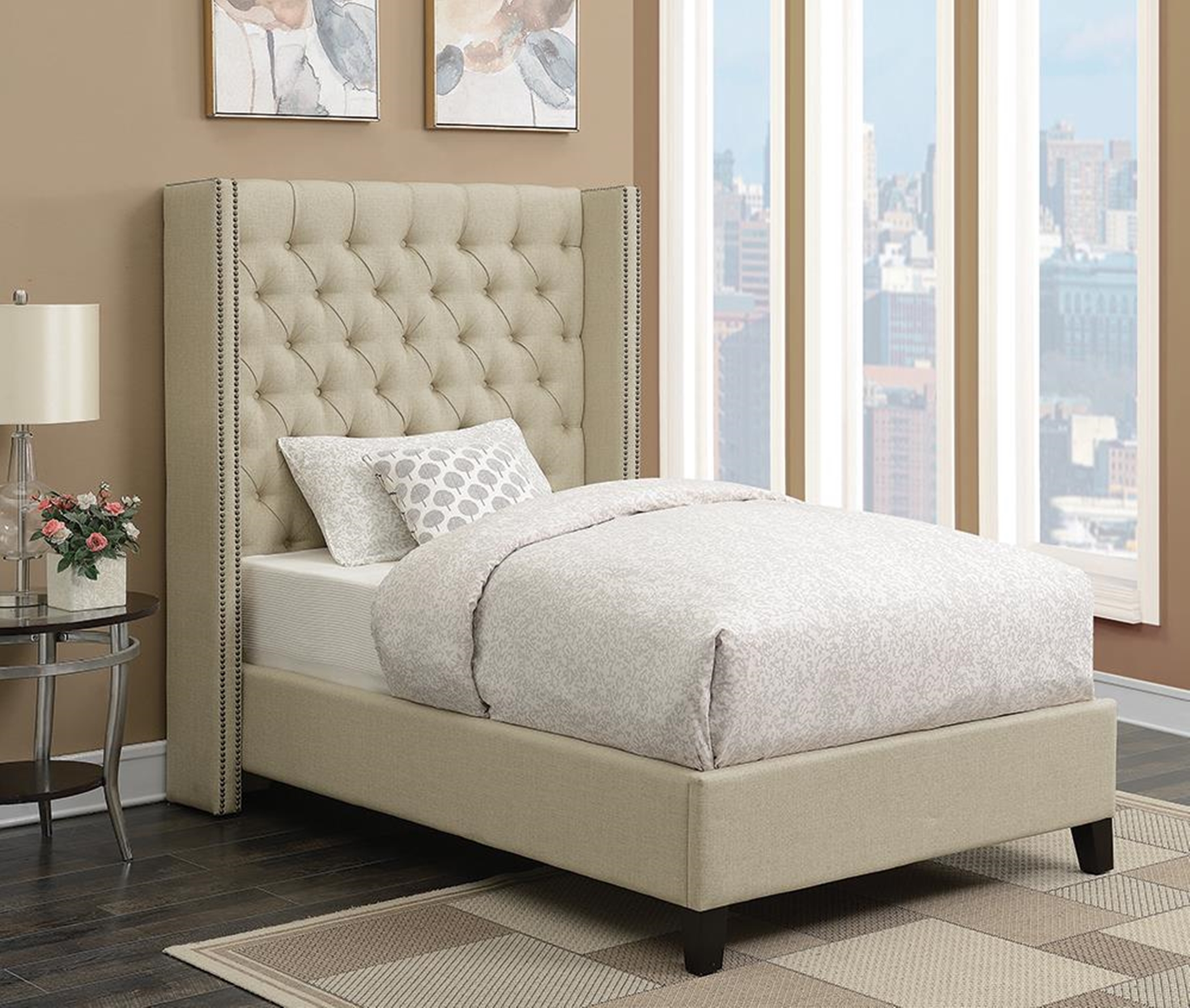 Benicia Beige Upholstered Twin Bed - Click Image to Close