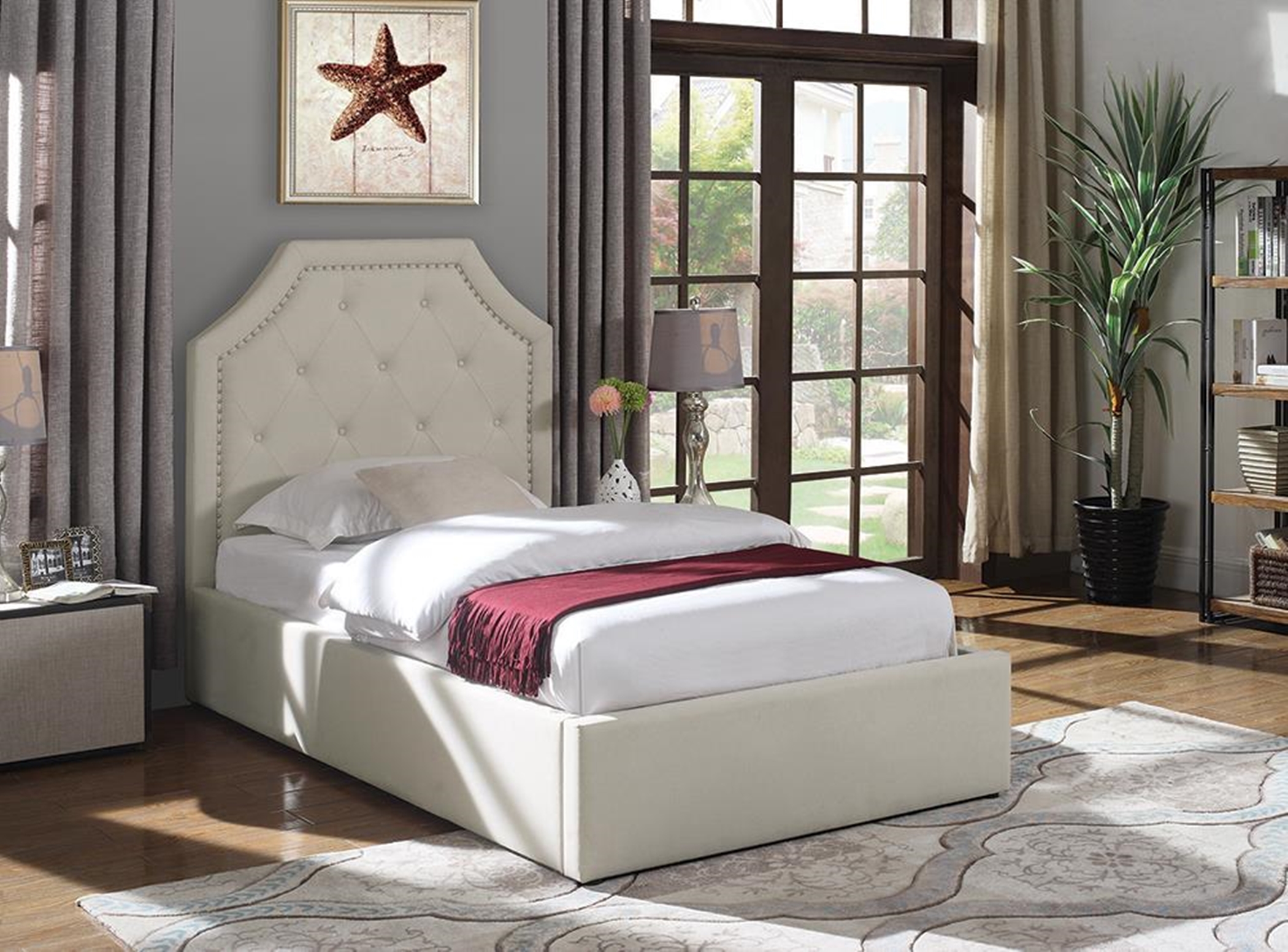 Hermosa Beige Upholstered Twin Bed - Click Image to Close