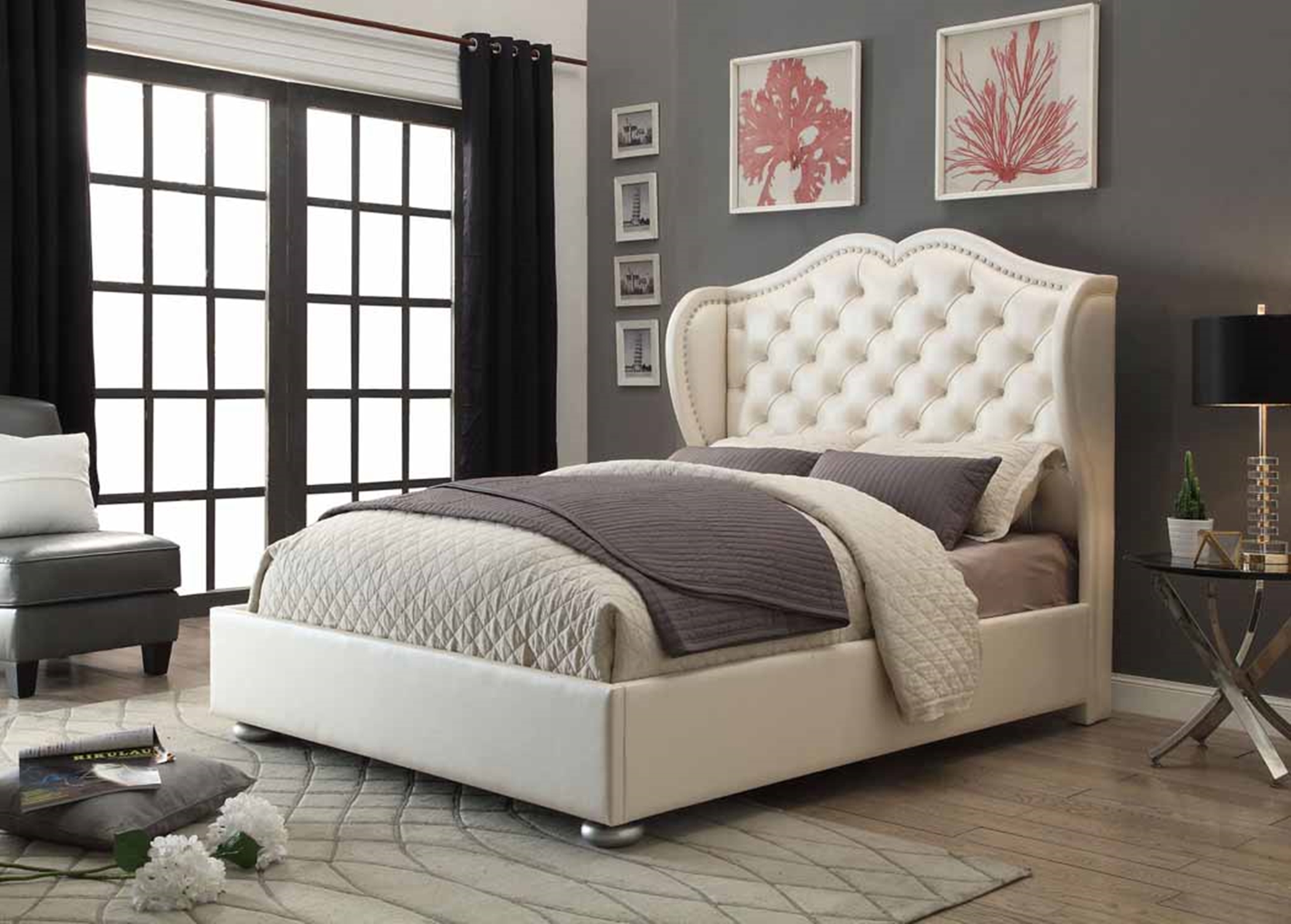Clarice White Upholstered King Bed - Click Image to Close