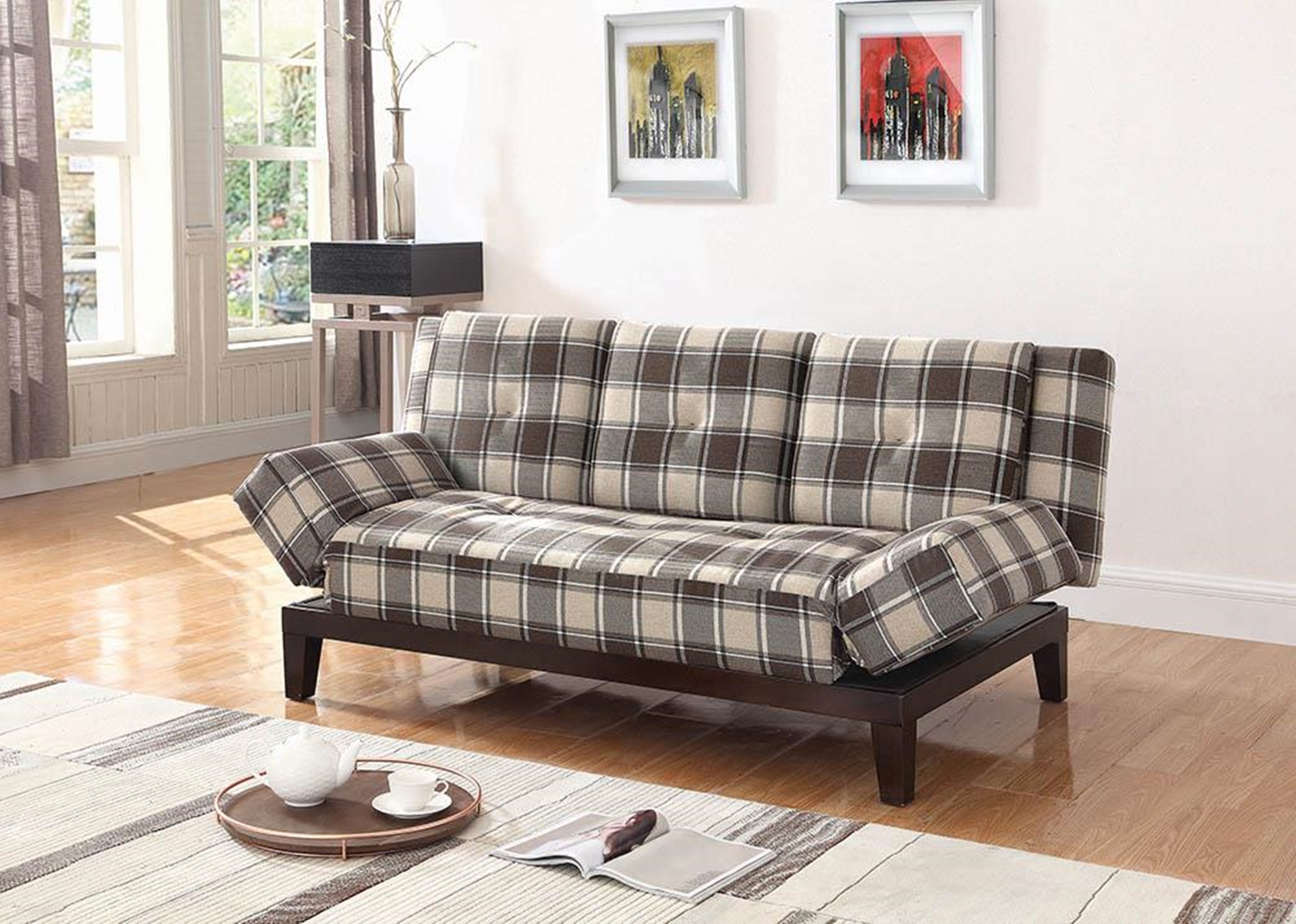 Causal Grey and Brown Plaid Sofa Bed - Click Image to Close