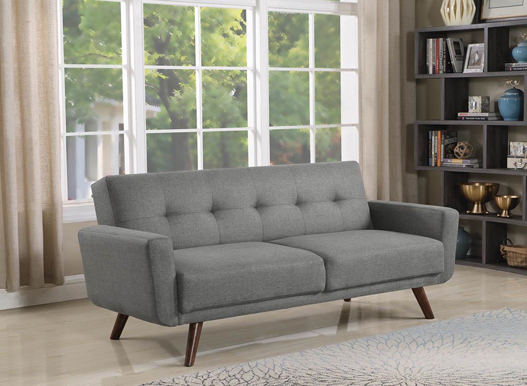 Mid-Century Modern Grey and Walnut Sofa Bed - Click Image to Close