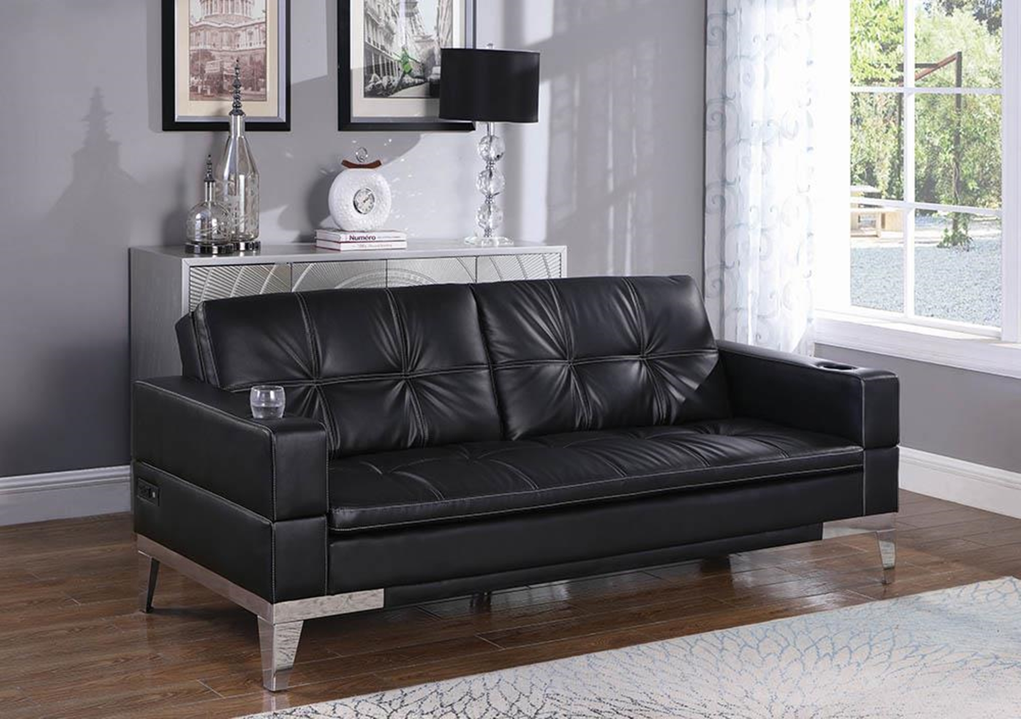 Contemporary Black and Chrome Sofa Bed - Click Image to Close