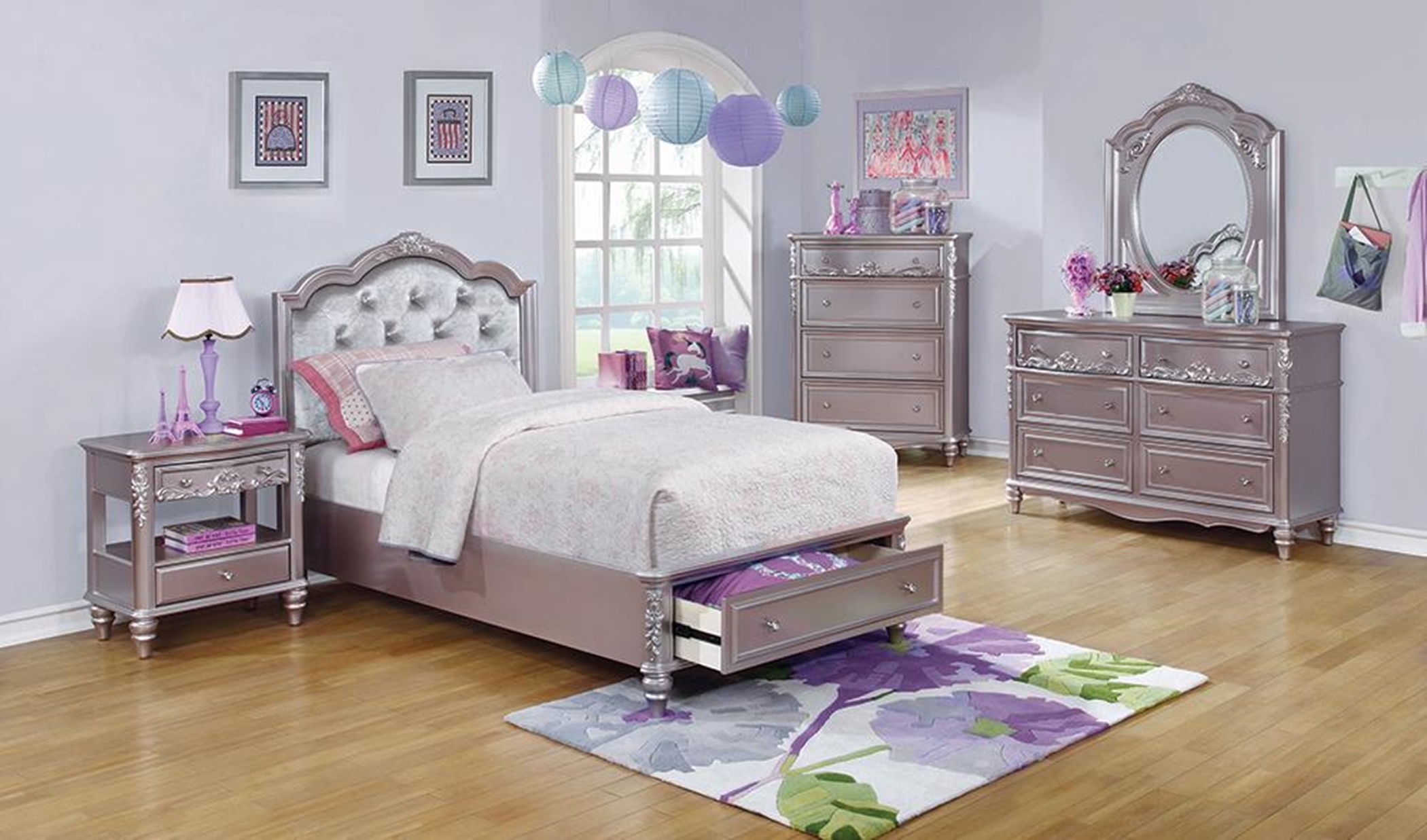 Caroline Metallic Lilac Full Storage Bed - Click Image to Close