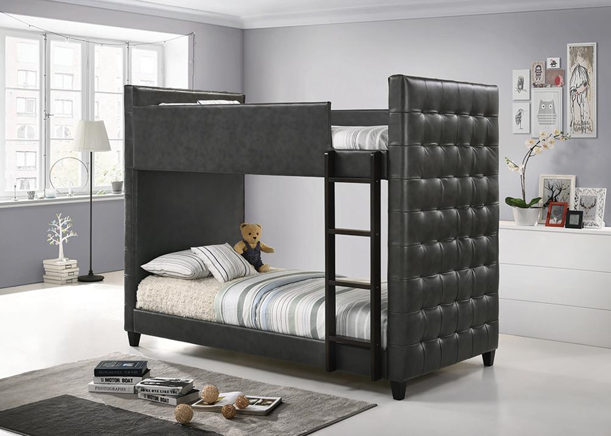 Helms Grey Upholstered Twin-over-Twin Bunk Bed - Click Image to Close