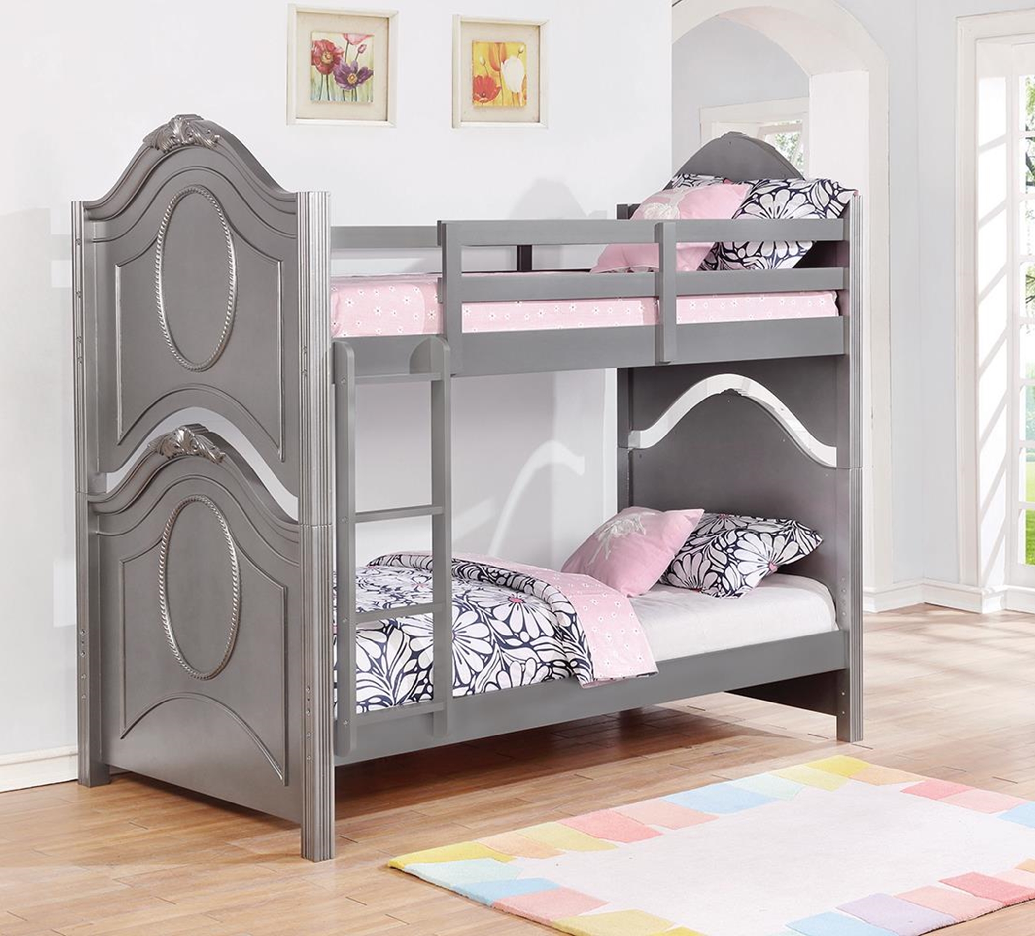 Valentine Metallic Pewter Twin-over-Twin Bunk Bed - Click Image to Close