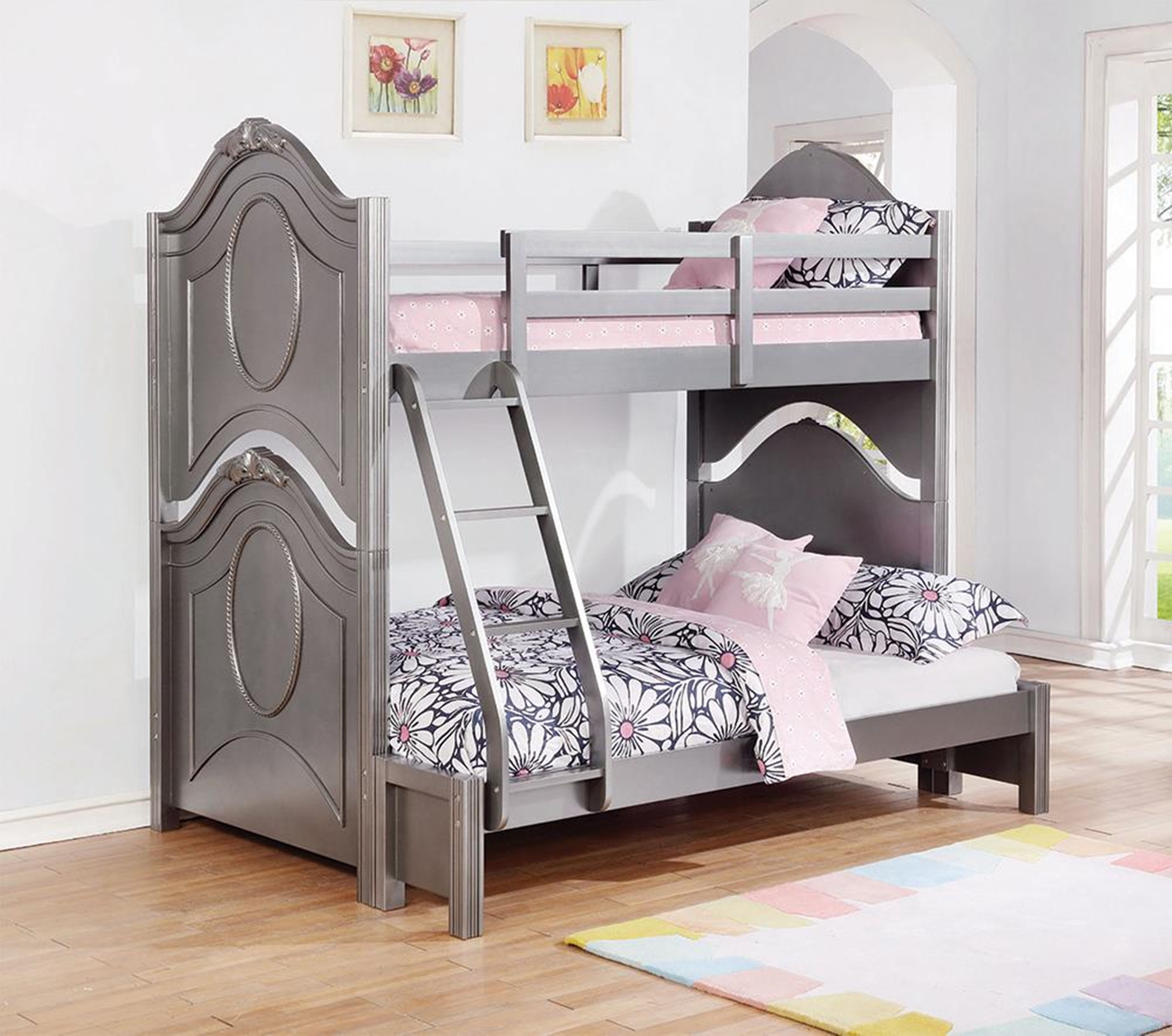 Valentine Metallic Pewter Twin-over-Full Bunk Bed - Click Image to Close