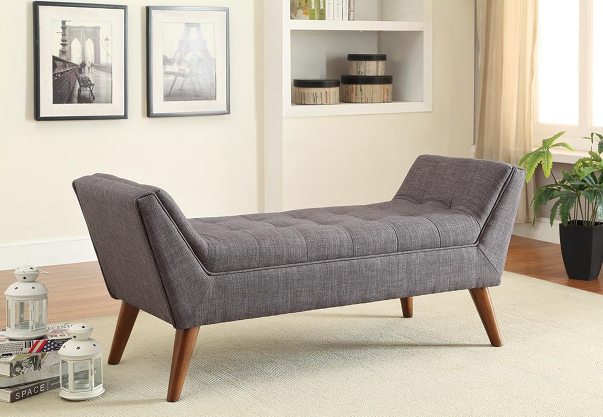 Grey Mid-Century Modern Accent Bench - Click Image to Close