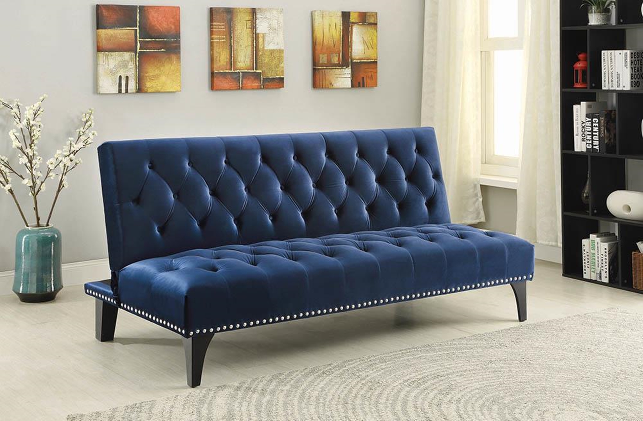 Blue Velvet Sofa Bed - Click Image to Close